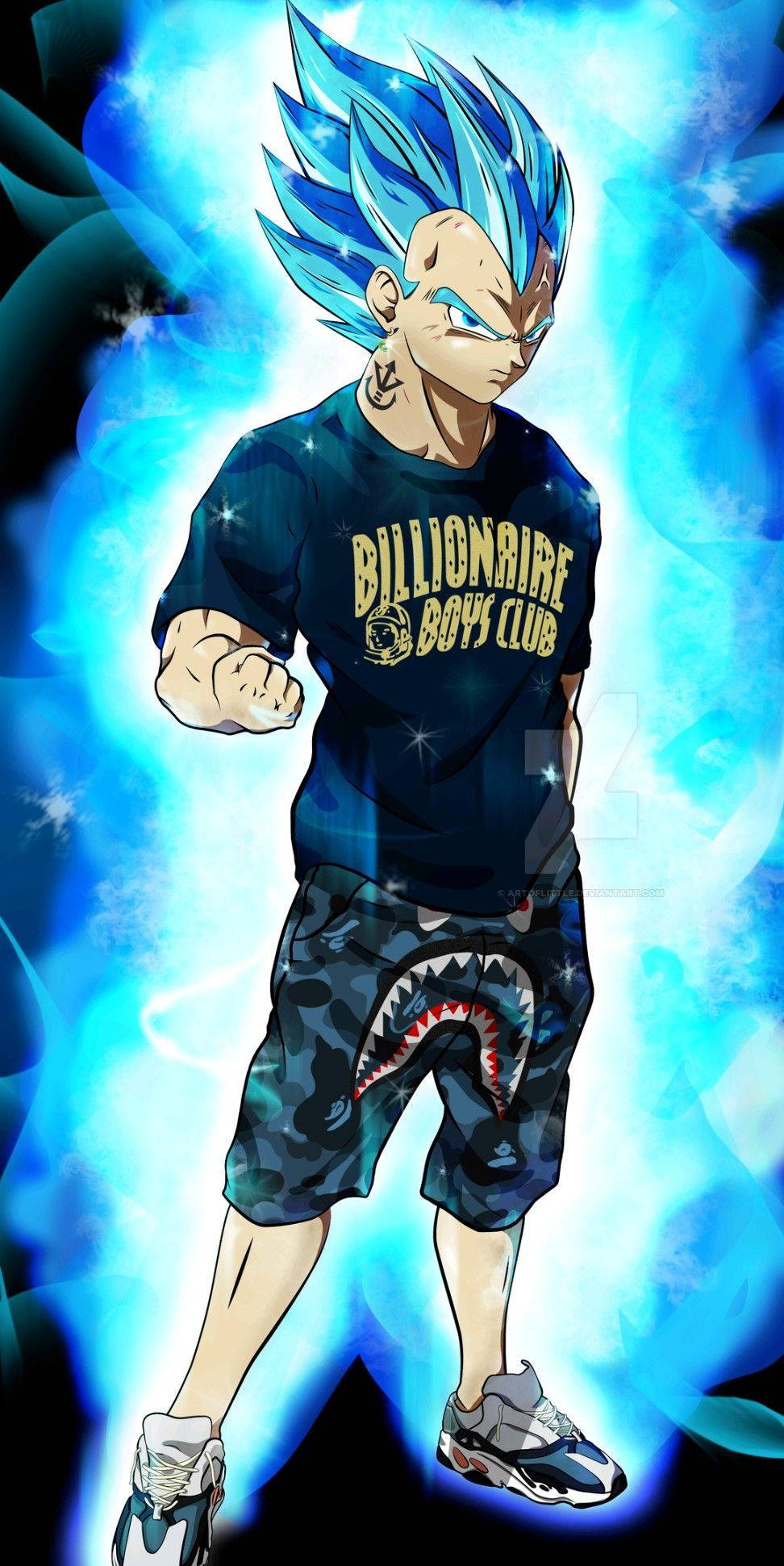 Goku Swag 桌布 壁紙 — 動漫角色擁有尖刺藍色頭髮和發光光環，穿著 'Billionaire Boys Club' 襯衫和鯊魚印花短褲。