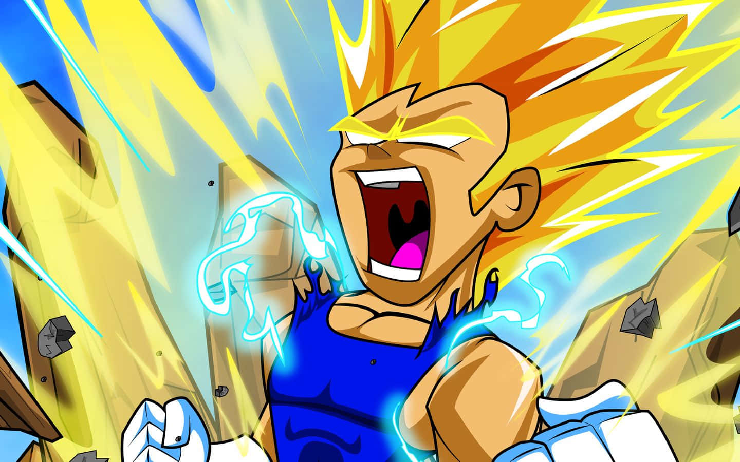 Vegeta Art 桌布 壁紙 — 動漫角色擁有尖刺金色頭髮和藍色光環，在破碎的岩石背景下強力咆哮。