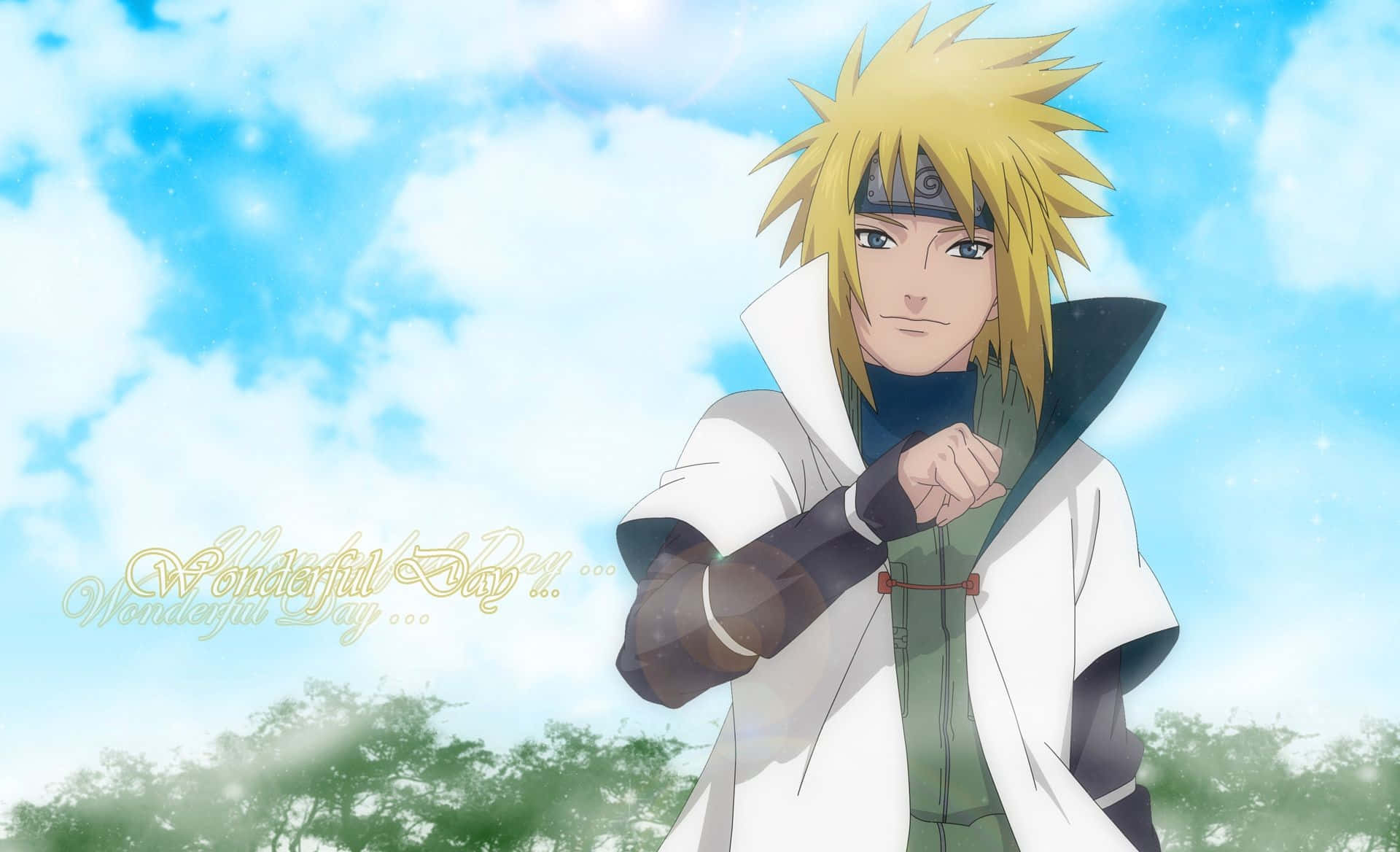 Fourth Hokage 桌布 壁紙 — 動漫角色擁有尖刺金髮，自信地站在藍天白雲下。