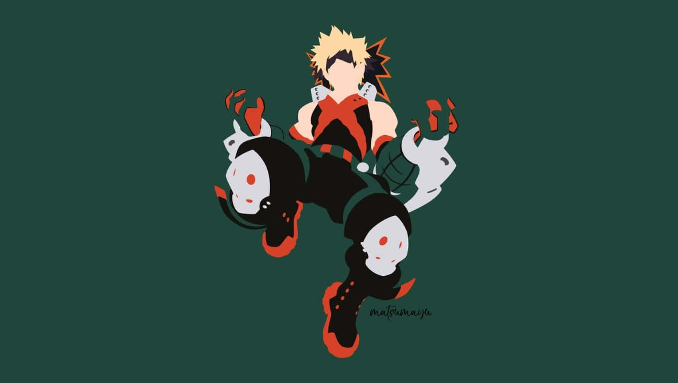 My Hero Academia Laptop 桌布 壁紙 — 動漫角色擁有尖刺金髮和紅色服裝，在深綠色背景上動態跳躍。