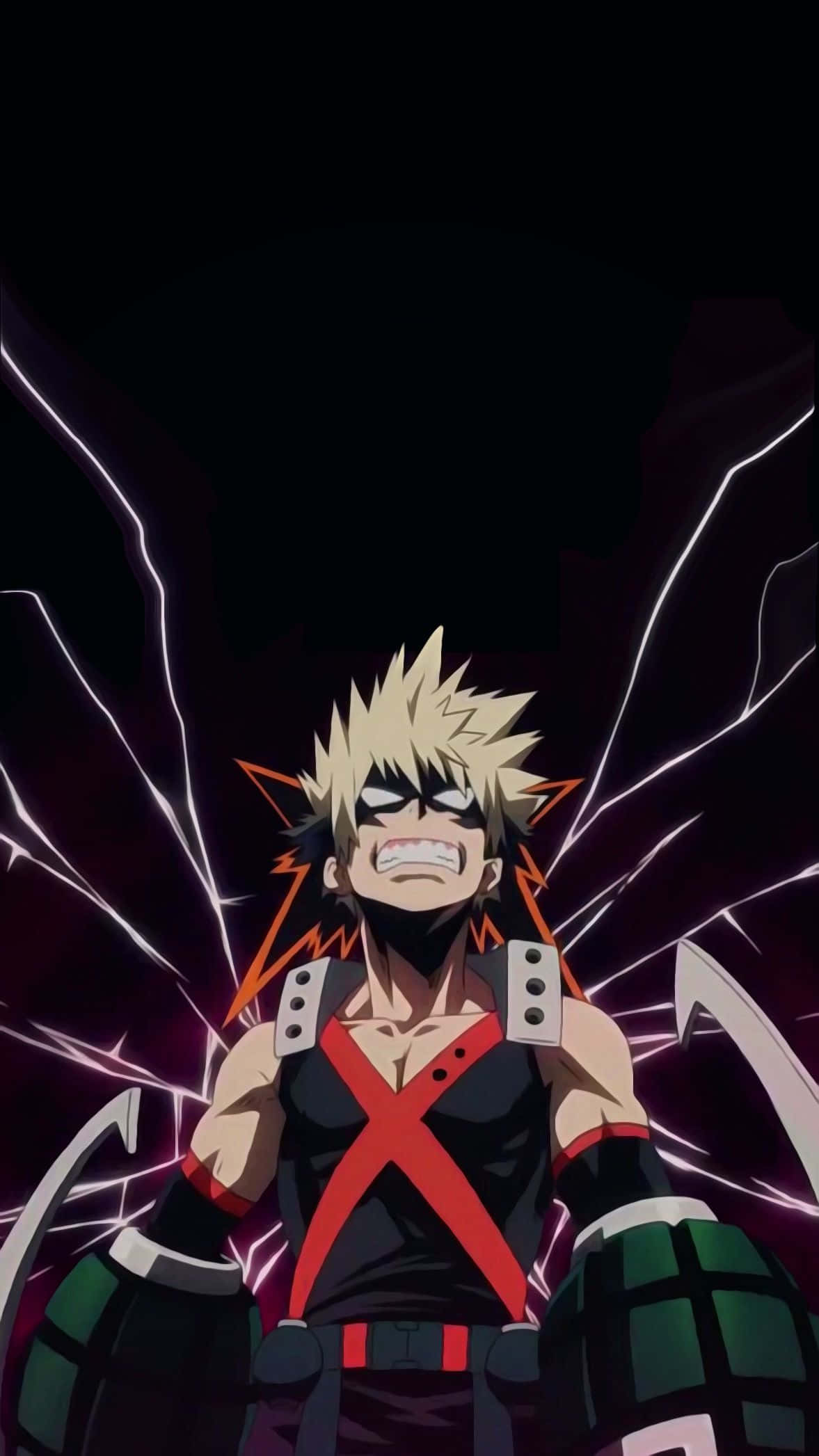 Bakugou Aesthetic 桌布 壁紙 — 動漫角色擁有尖刺金髮和紅色背帶，在黑暗背景中釋放電能。