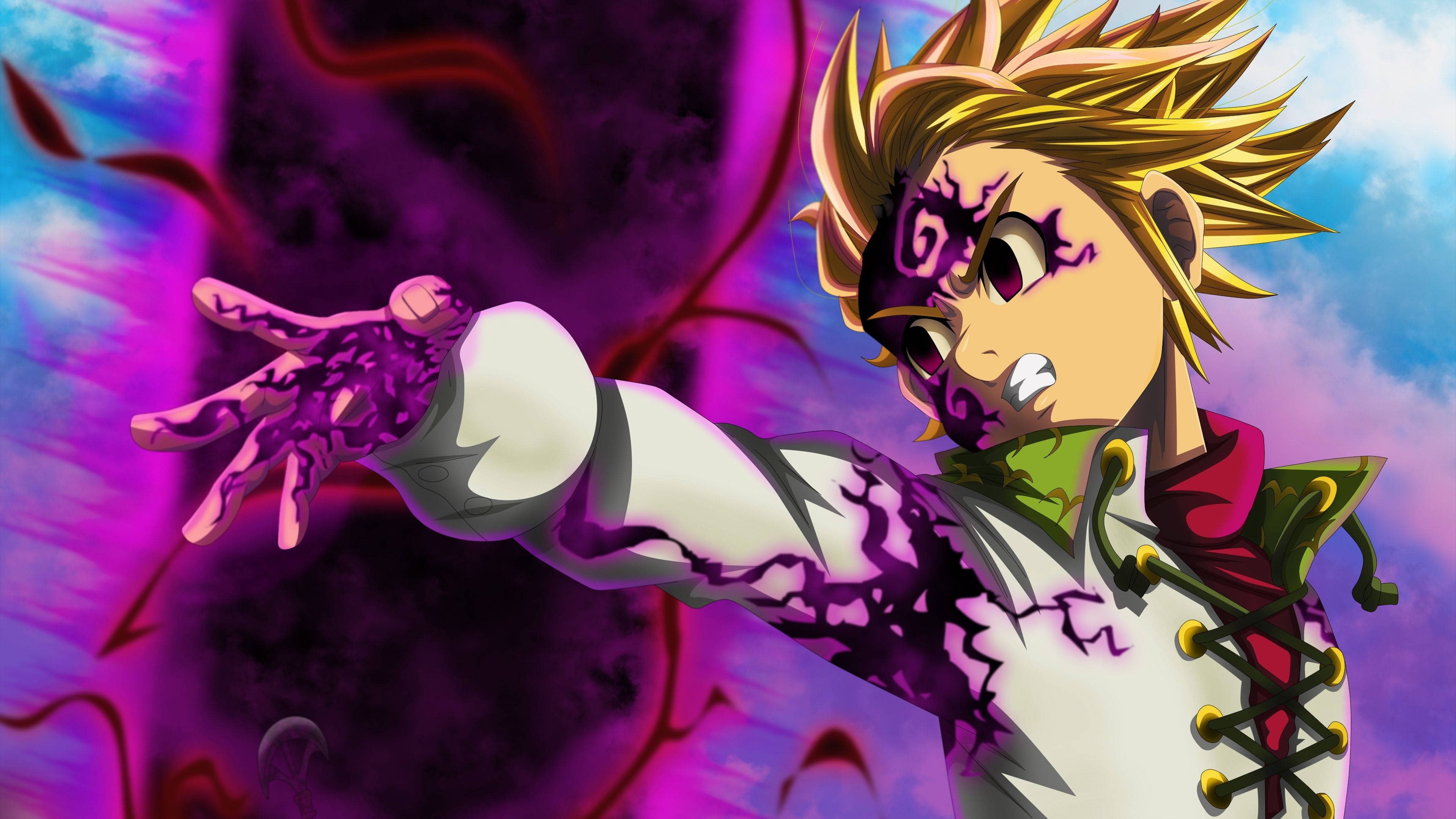 Meliodas 桌布 壁紙 — 動漫角色擁有尖刺金髮和紫色標記，伸出手，黑暗能量在他周圍劈啪作響，背景是充滿活力的紫色和藍色天空。