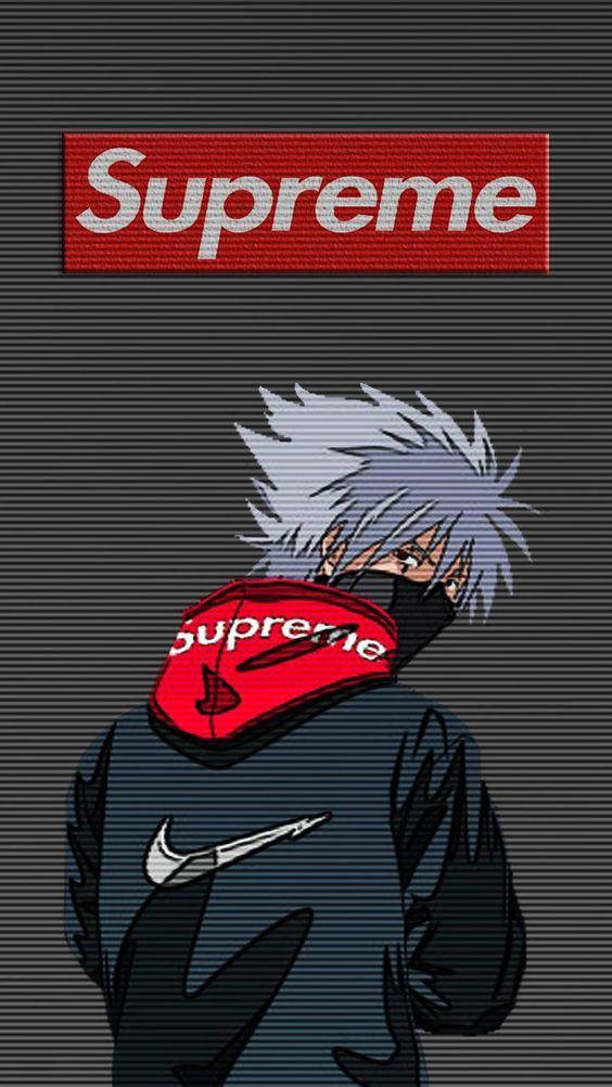 superhero supreme 桌布 壁紙 — 動漫角色擁有尖刺銀色頭髮，穿著紅色Supreme連帽衫和黑色口罩，背景為深色條紋。
