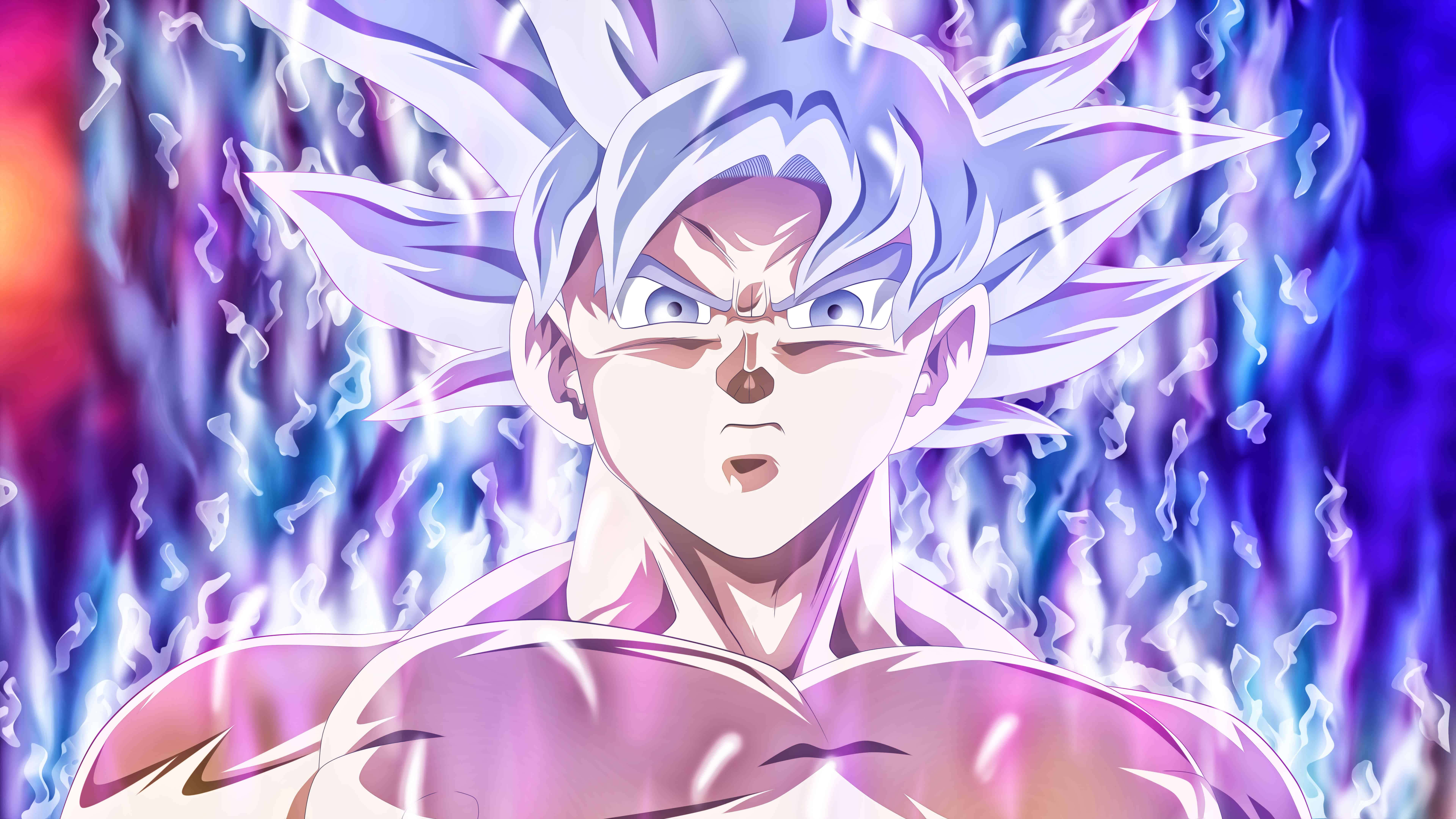 Dragon Ball Goku Ultra Instinct 桌布 壁紙 — 動漫角色擁有尖刺銀色頭髮和強烈的藍色眼睛，在充滿活力的宇宙背景下散發出紫色和藍色的能量。