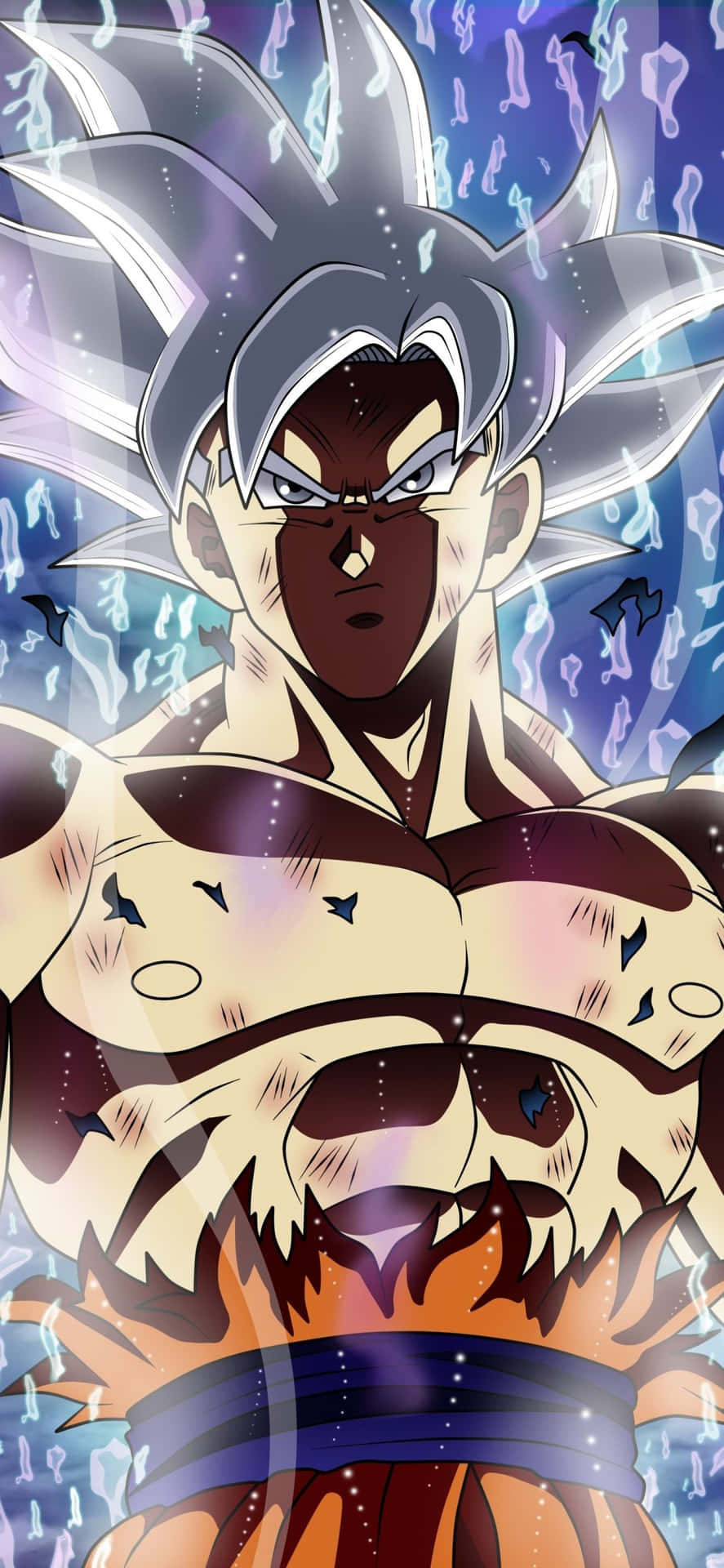 Dragon Ball iPhone 桌布 壁紙 — 動漫角色擁有尖刺銀色頭髮和發光光環，在宇宙藍色背景下強力站立。