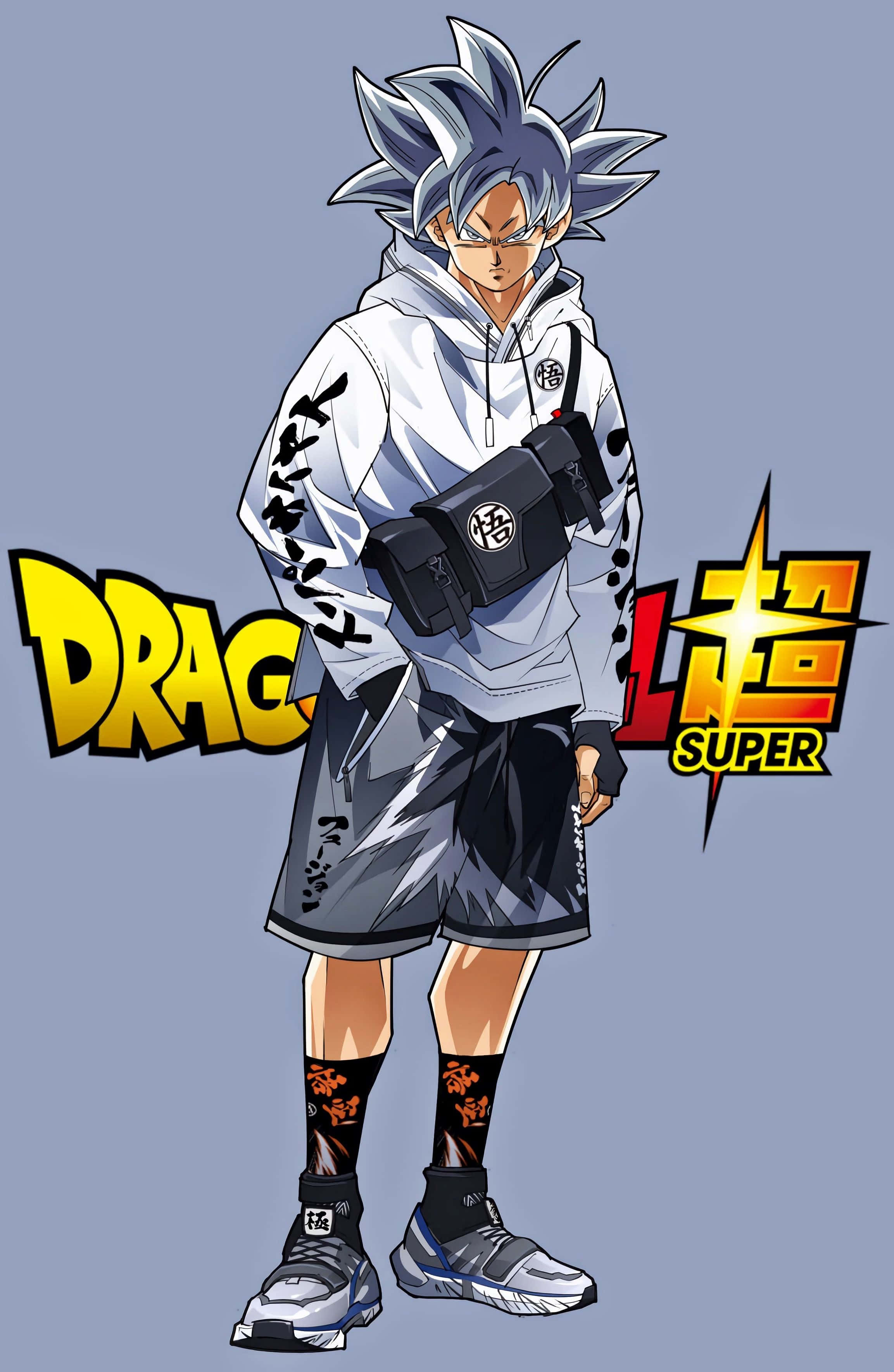 Dragon Ball Z Phone 桌布 壁紙 — 動漫角色擁有尖刺銀色頭髮和銳利眼神，在純色背景前自信地穿著休閒街頭服飾站立。
