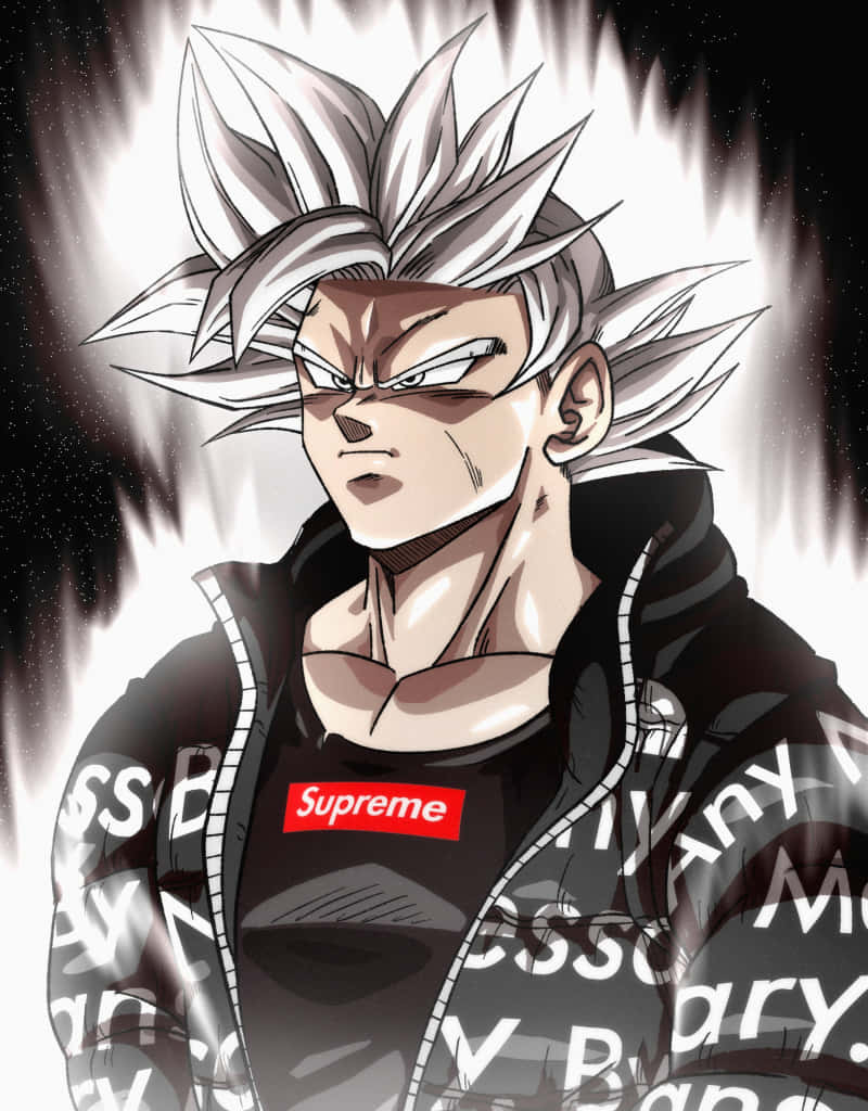 銀色頭髮的動漫戰士穿著Supreme連帽衫，散發著能量光芒。 — Supreme GIF 壁紙