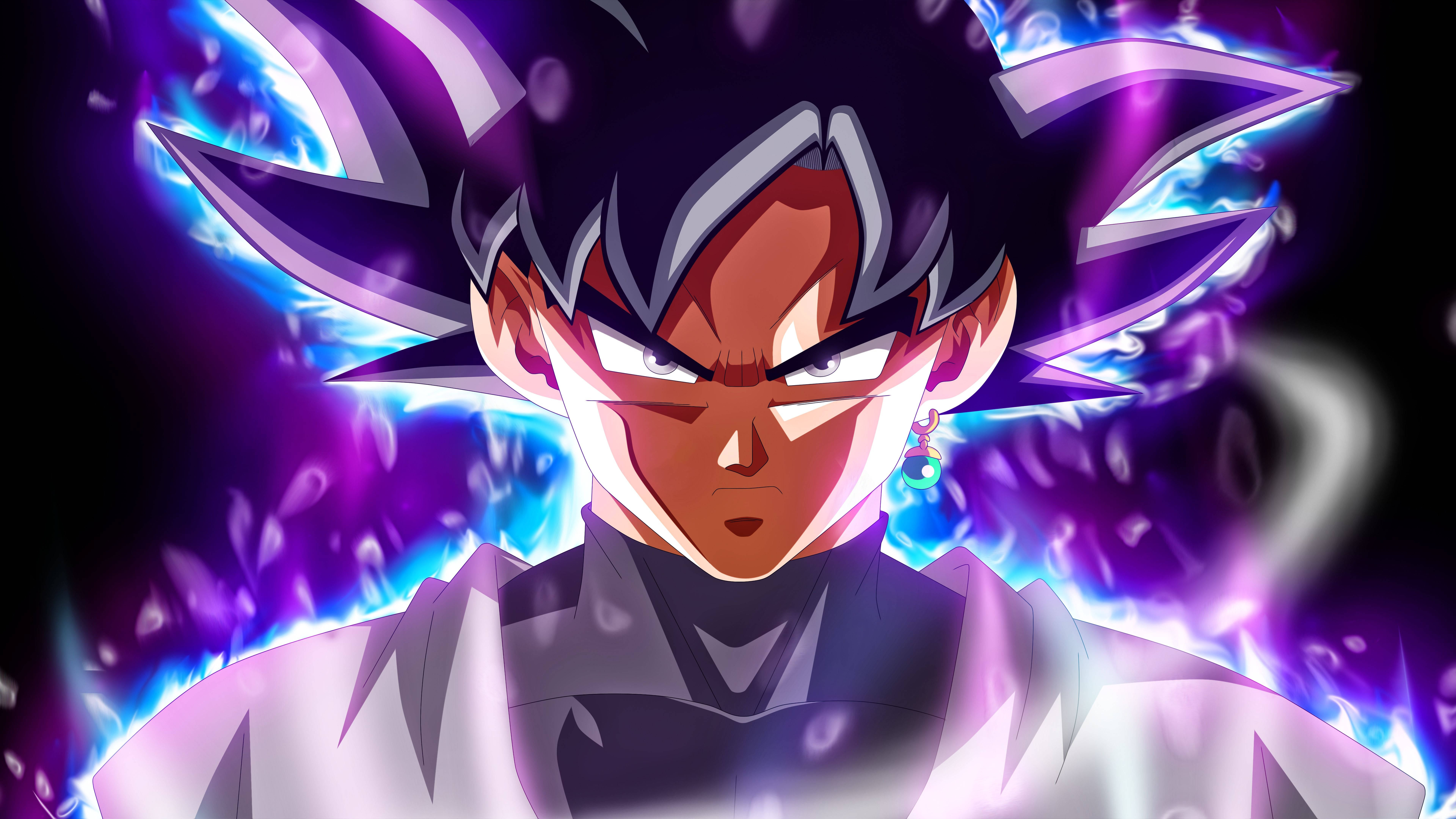 Goku Dragon Ball Super 桌布 壁紙 — 動漫角色擁有尖刺頭髮和發光的紫藍色光環，在黑暗背景下強烈凝視。