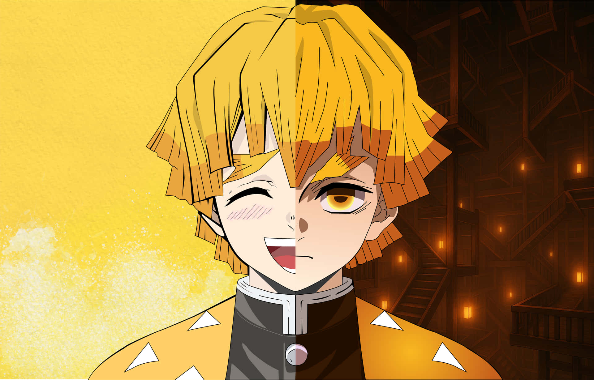 Zenitsu Agatsuma 壁紙 — 動漫角色擁有尖刺黃色頭髮，在黃色和深色木質室內背景的分割背景下愉快地微笑。