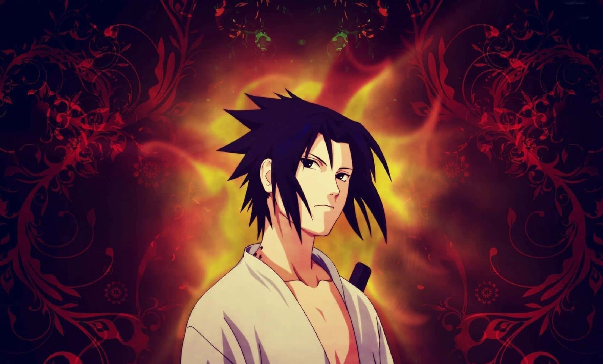 sasuke uchiha 桌布 壁紙 — 動漫角色擁有尖刺黑髮，站在帶有深色花卉圖案的熾熱橙色和紅色漩渦背景前。