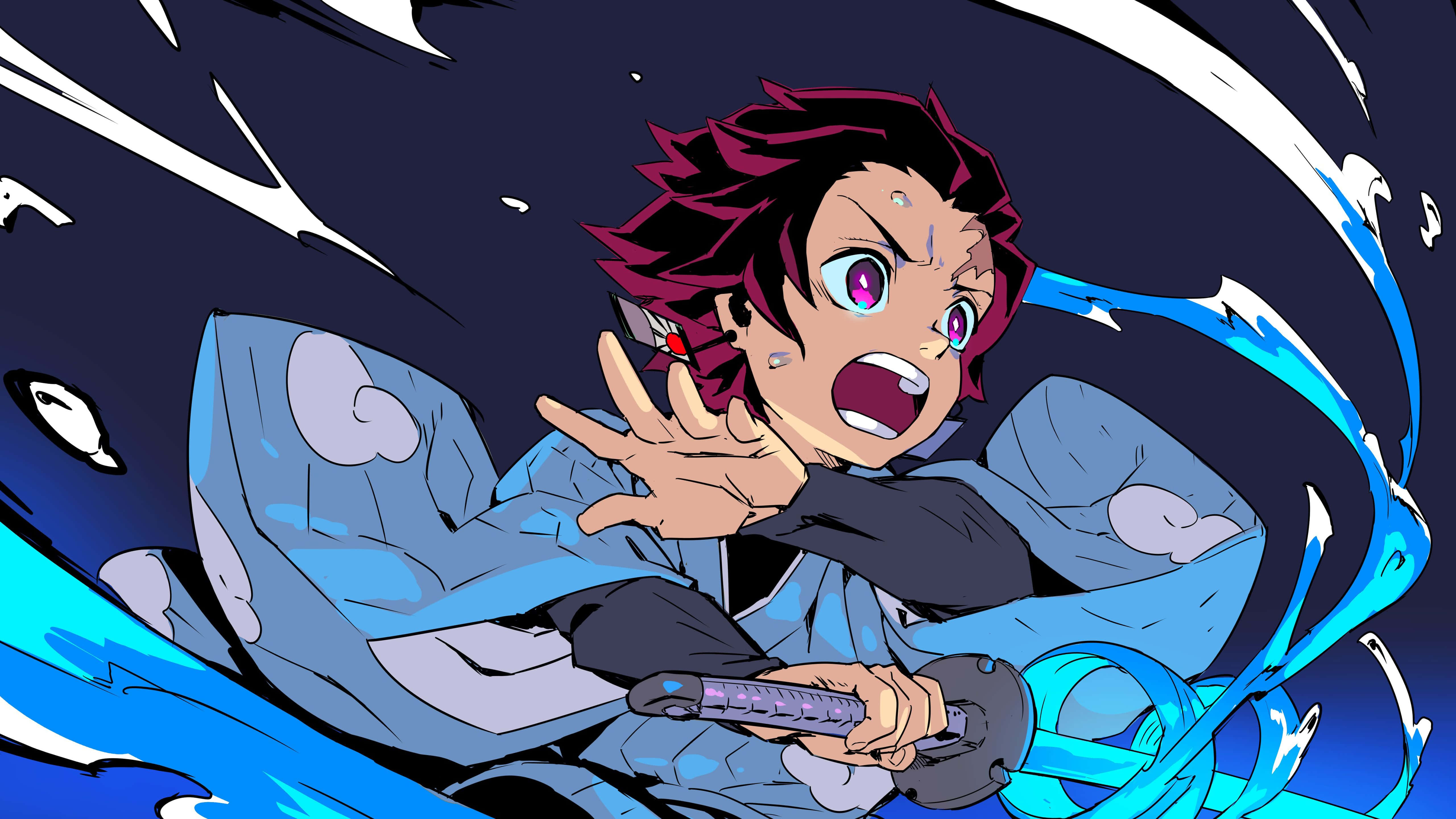 Demon Slayer iPad 桌布 壁紙 — 動漫角色擁有洋紅色頭髮和紫色眼睛，在旋轉的能量中揮舞著發光的藍色劍，呈現出動態的戰鬥姿勢。