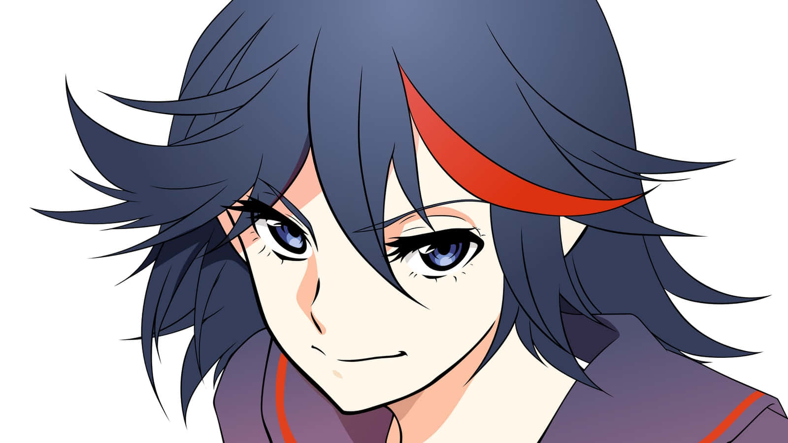 ryuko matoi 桌布 壁紙 — 動漫角色擁有深藍色頭髮和紅色挑染，在純白背景上以銳利的藍色眼睛專注地凝視。