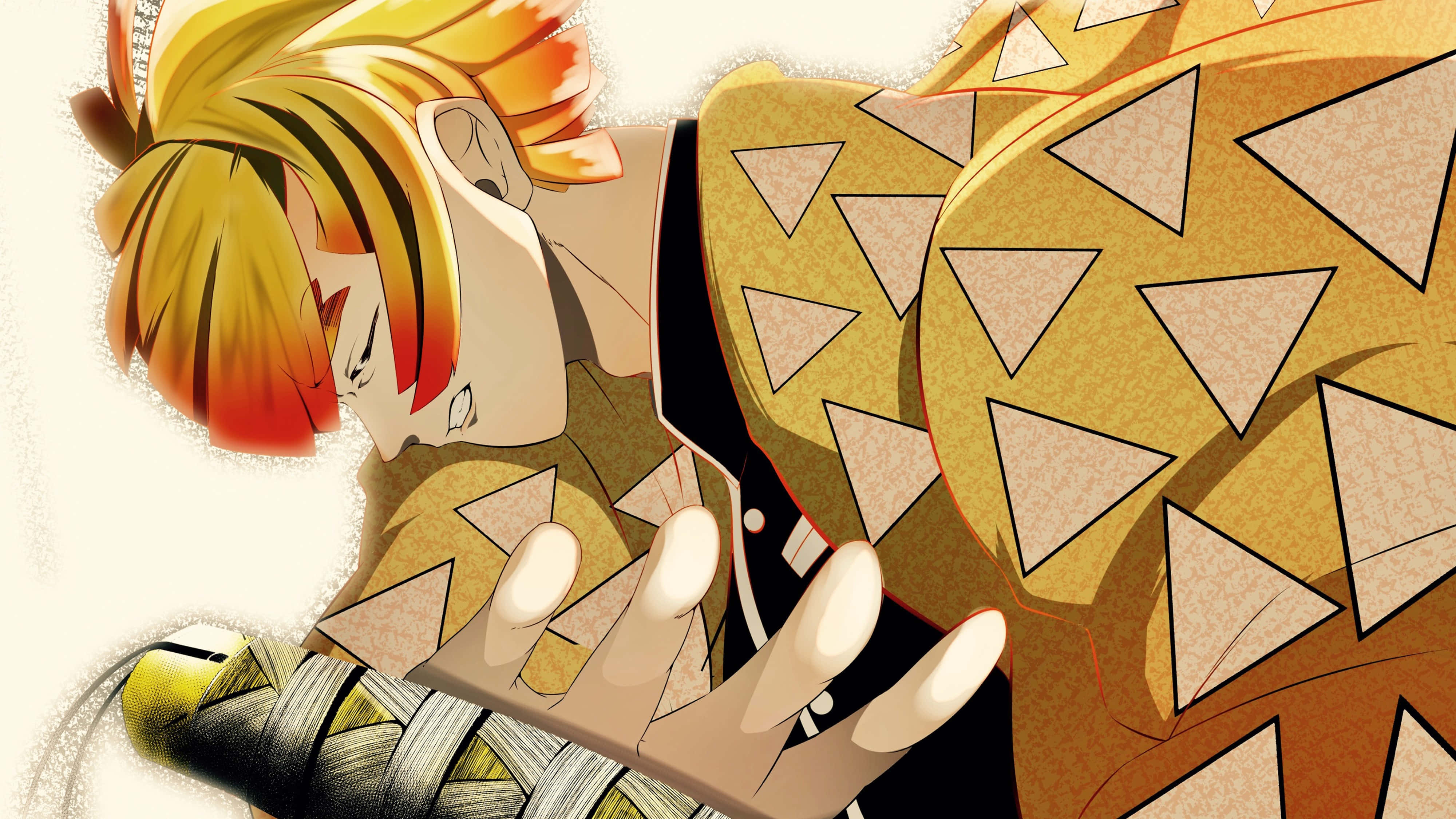 Demon Slayer Zenitsu 4K 桌布 壁紙 — 動漫角色擁有火橙色頭髮和幾何圖案和服，向前傾斜，姿勢充滿動感。