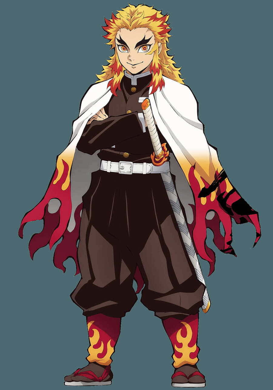 Rengoku Minimalist 桌布 壁紙 — 動漫角色擁有火紅金髮和火焰圖案斗篷，自信地持劍站在柔和青綠色背景前。