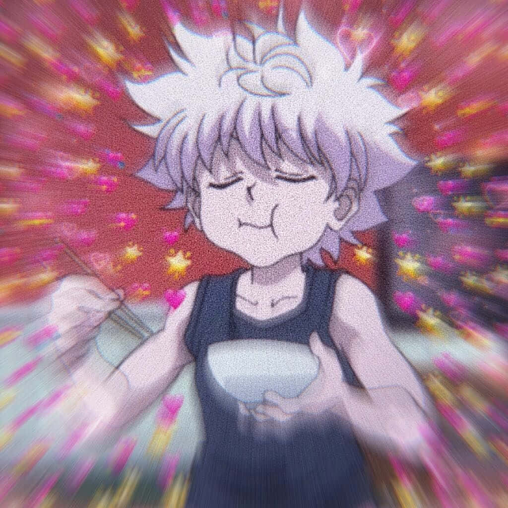 Killua Pfp 桌布 壁紙 — 動漫角色擁有白色尖刺頭髮，閉著眼睛享受食物，周圍環繞著彩色動態模糊。