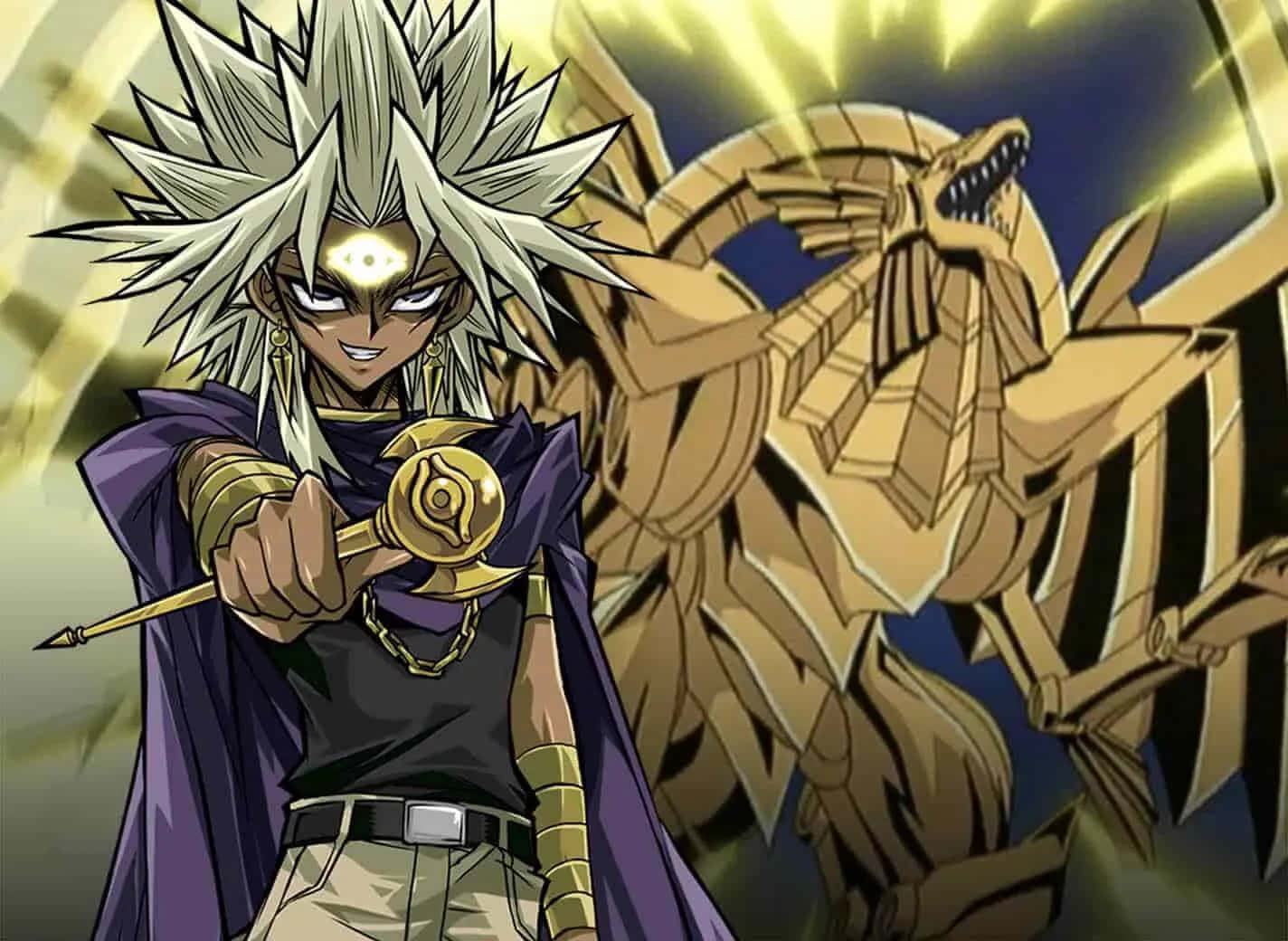 Marik Ishtar 桌布 壁紙 — 動漫角色擁有白色尖刺頭髮和金色眼睛，手持法杖，身後有一條金色巨龍。