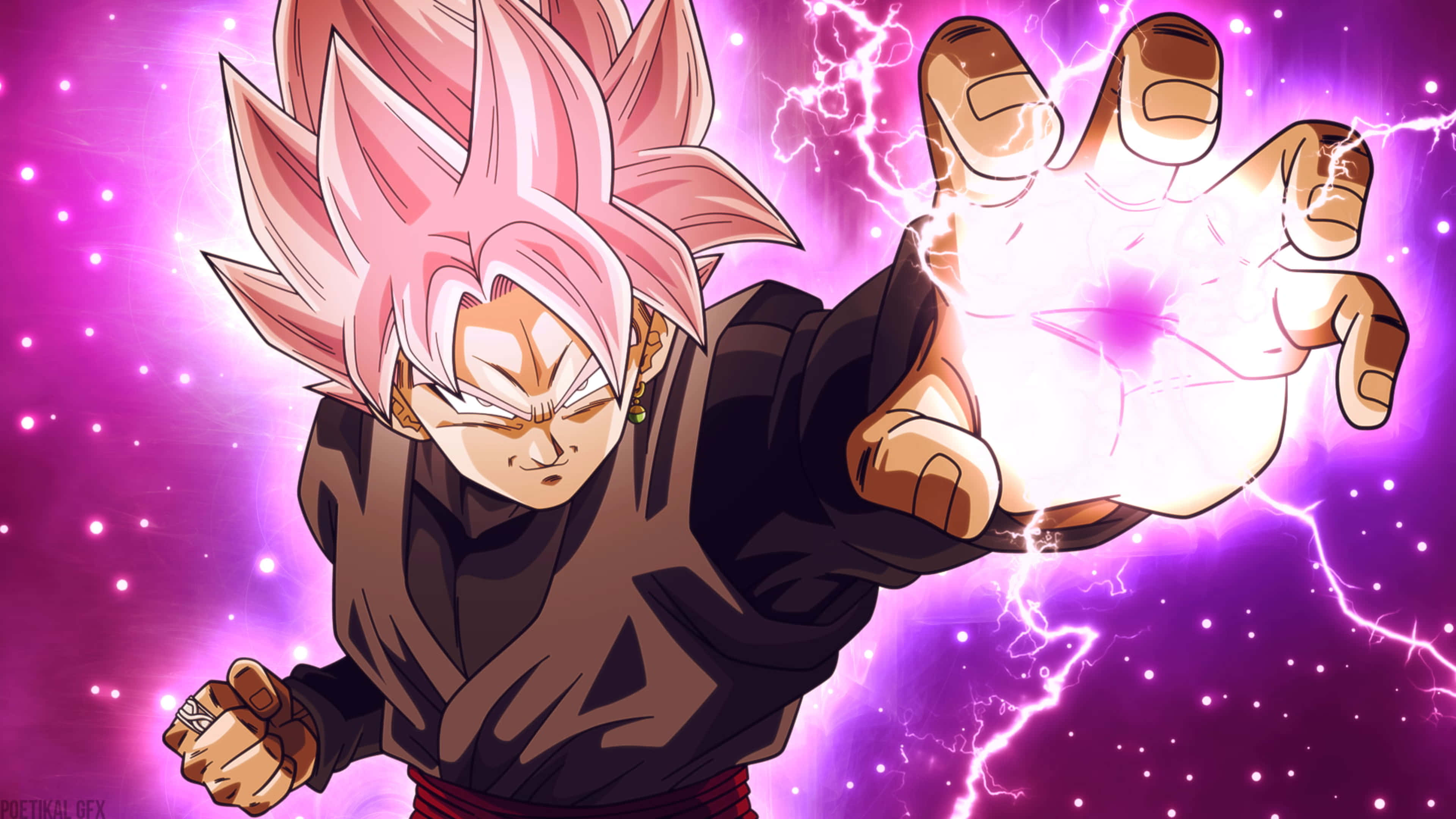 Goku Black 4K 桌布 壁紙 — 動漫角色擁有粉紅色尖刺頭髮，從手中引導發光能量，背景是閃爍的紫色宇宙。