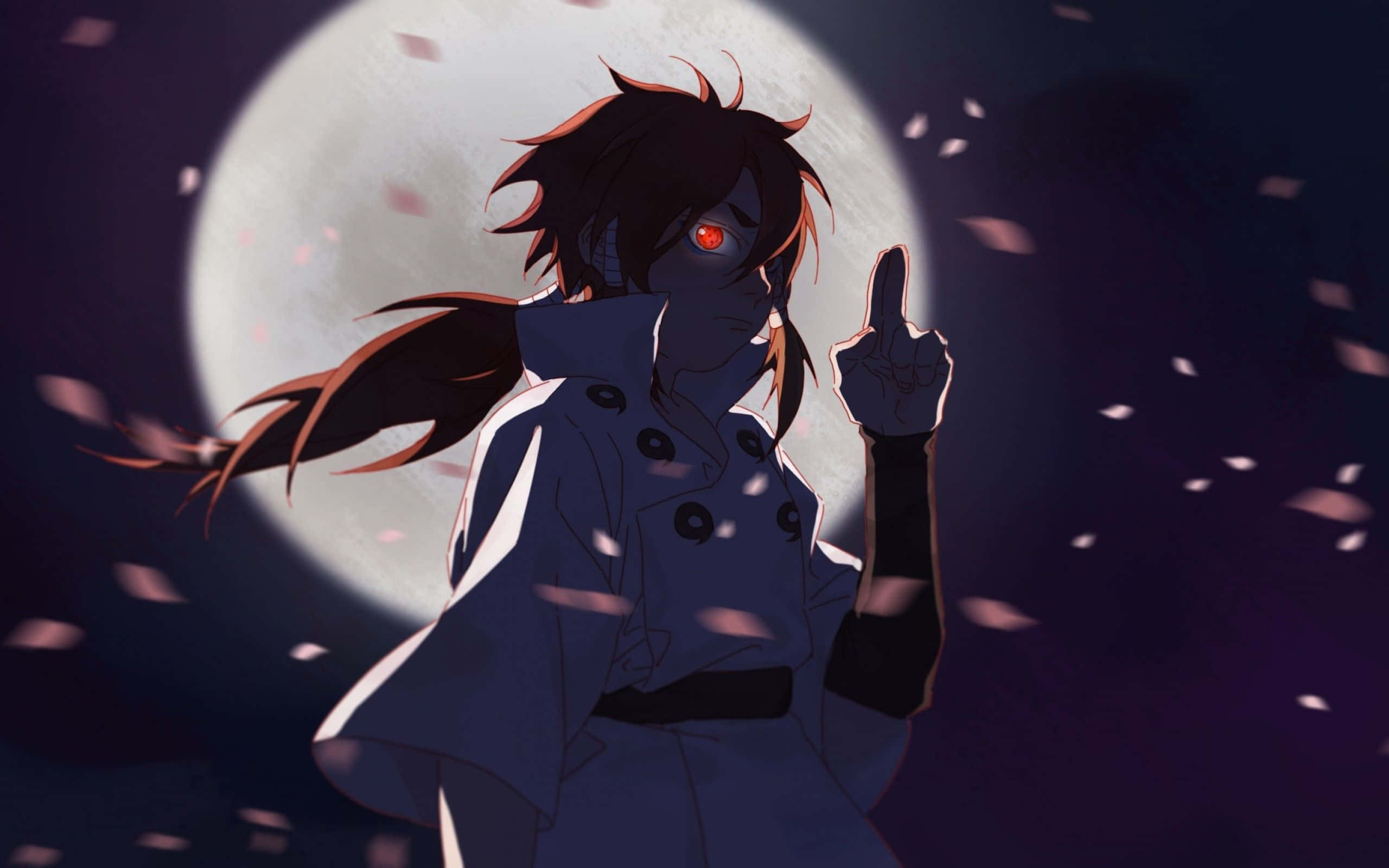 Indra ōtsutsuki 桌布 壁紙 — 動漫角色擁有紅色眼睛和深色頭髮，站在滿月前，粉紅色花瓣在夜空中飄舞。