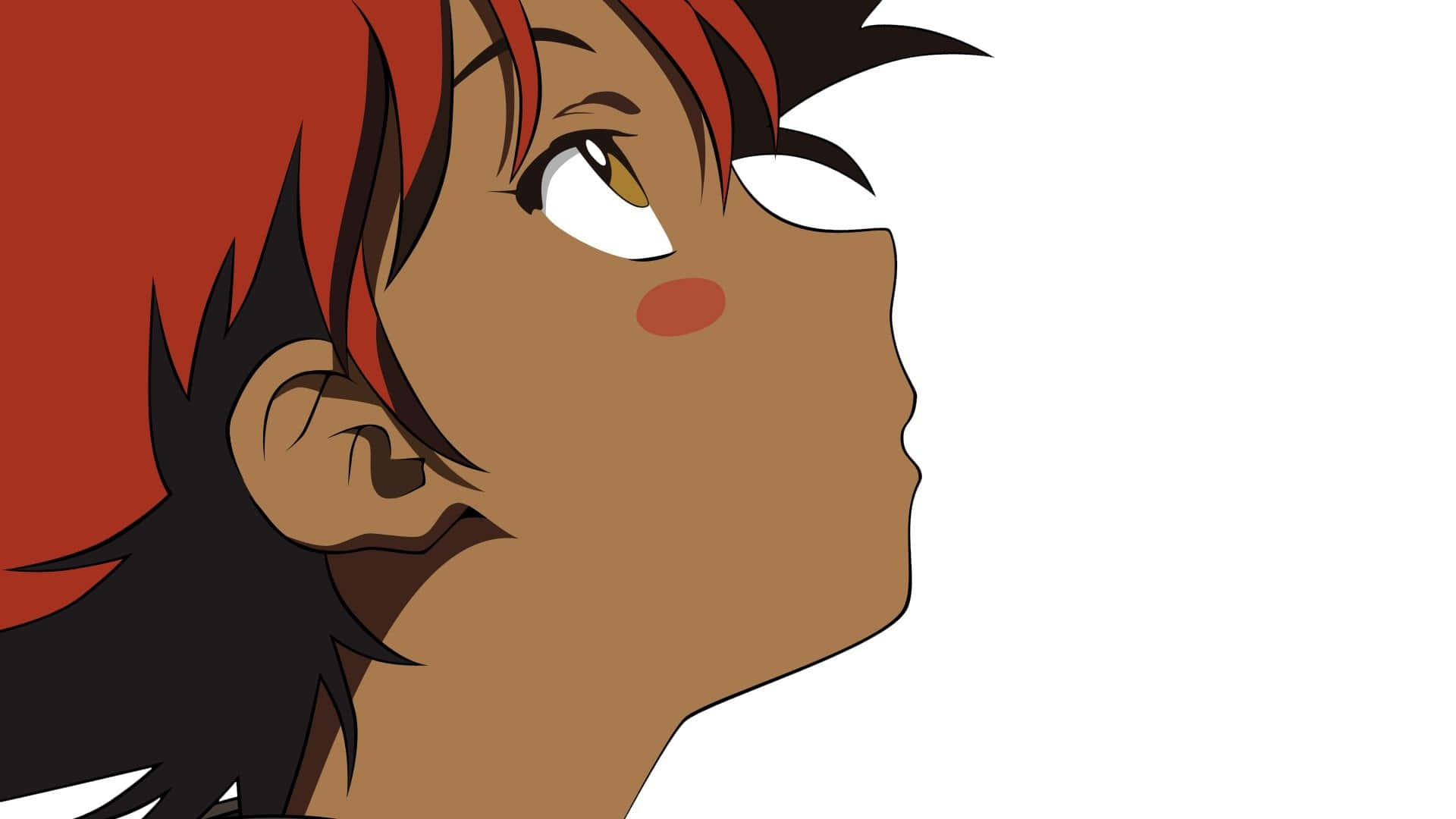 動漫男孩 桌布 壁紙 — 動漫角色擁有紅黑髮色，在純白背景上向上凝視。
