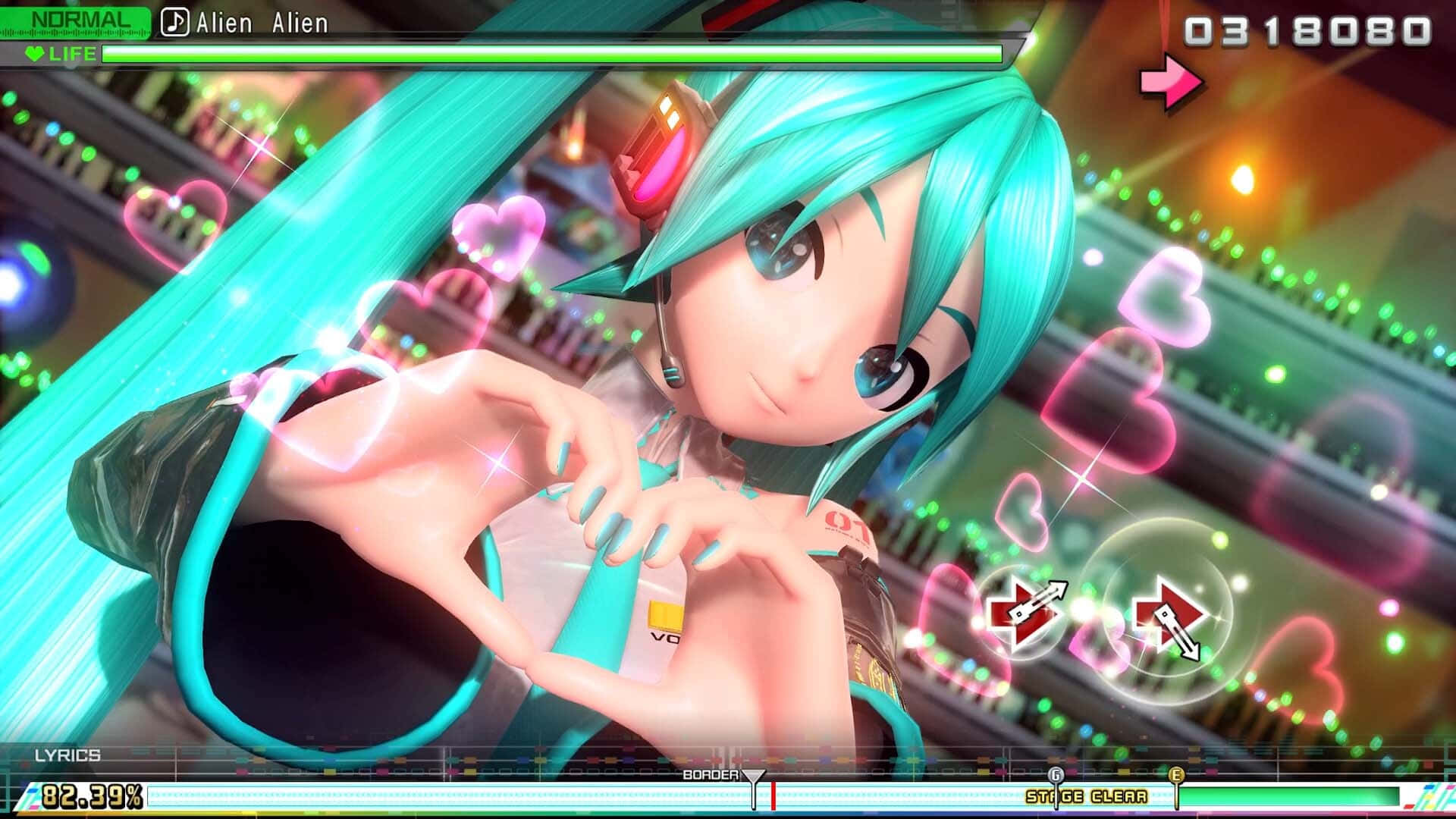 初音未來 桌布 壁紙 — 動漫角色擁有青綠色頭髮，用發光的手形成一個心形，背景是充滿活力的霓虹遊戲介面。