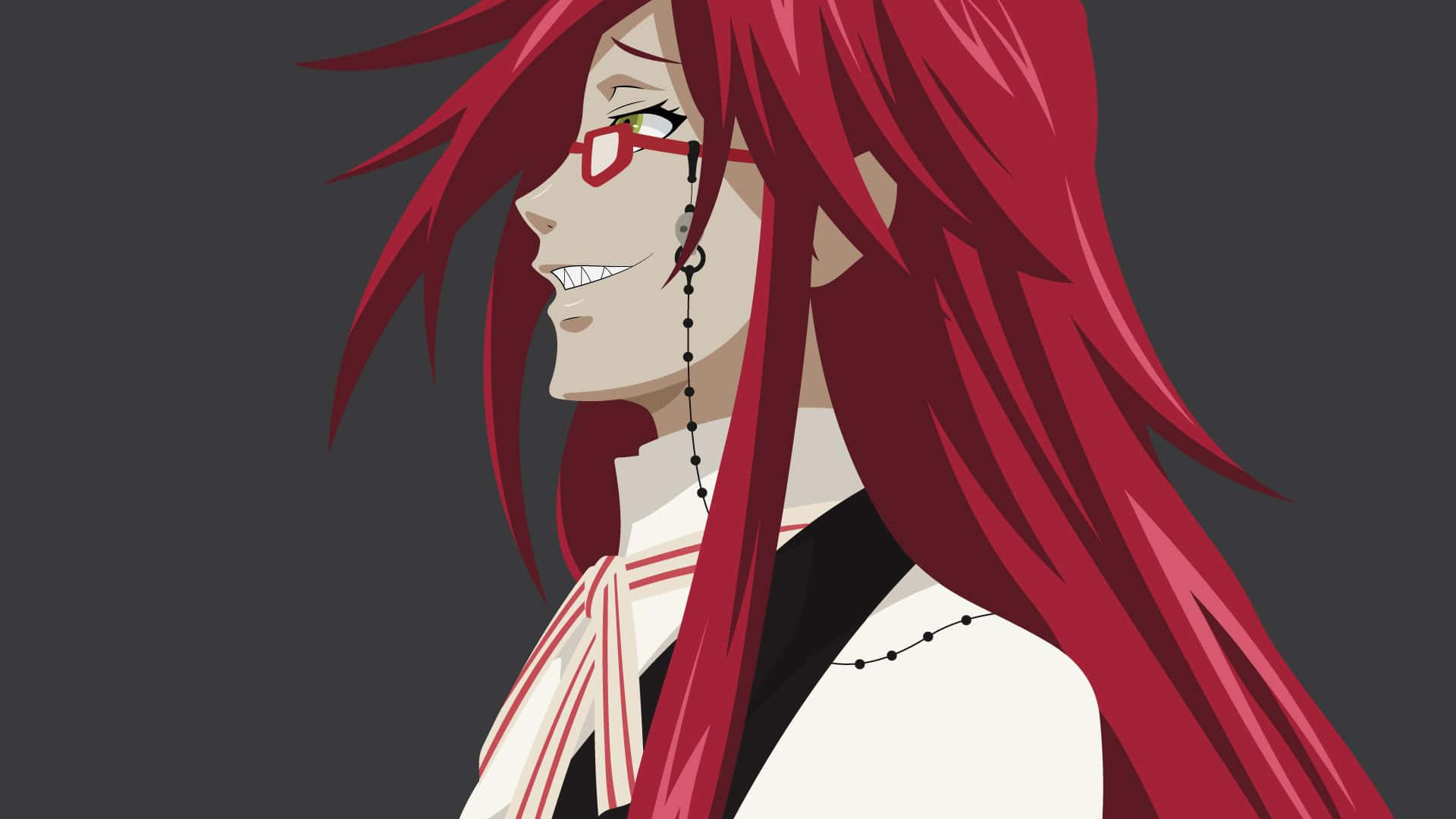 Grell Sutcliff 桌布 壁紙 — 動漫角色擁有鮮豔的紅髮和眼鏡，在深灰色背景上微笑。