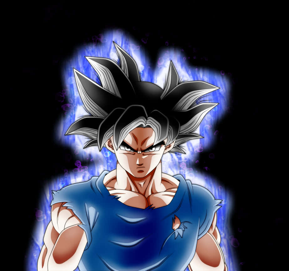 Goku Dragon Ball Super 桌布 壁紙 — 動漫角色擁有黑色和銀色尖刺頭髮，在黑暗背景中散發出藍色能量。