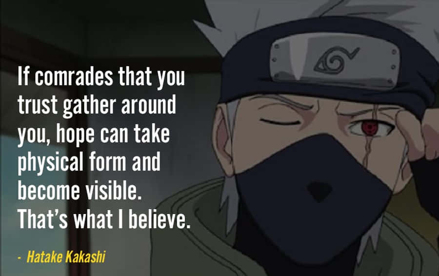 Kakashi Quotes 桌布 壁紙 — 動漫角色旗木卡卡西，一隻眼睛閉著，另一隻眼睛露出紅色寫輪眼，戴著頭帶和面罩，並有引文疊加。