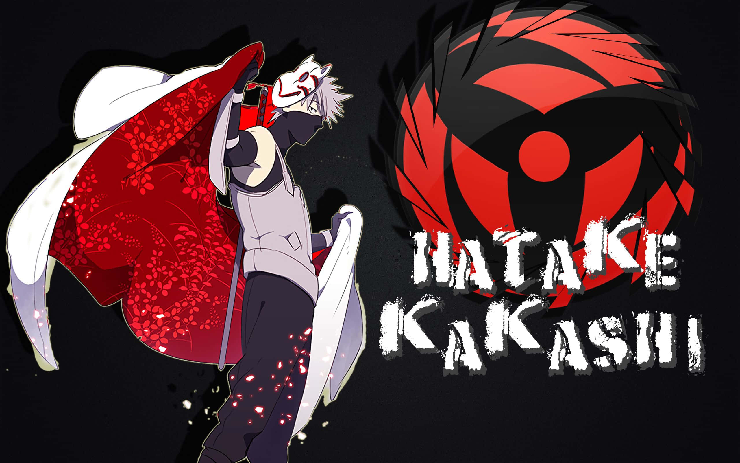 kakashi pfp 桌布 壁紙 — 動漫角色旗木卡卡西以紅色和白色斗篷在黑暗背景前擺出動態姿勢，背景上有輪迴眼符號和他的名字。