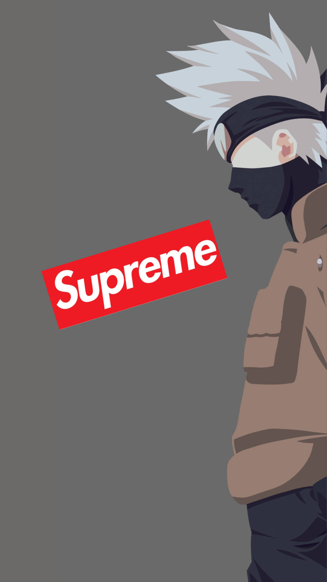 supreme 桌布 壁紙 — 動漫角色旗木卡卡西側面，灰色背景上有紅色Supreme標誌。