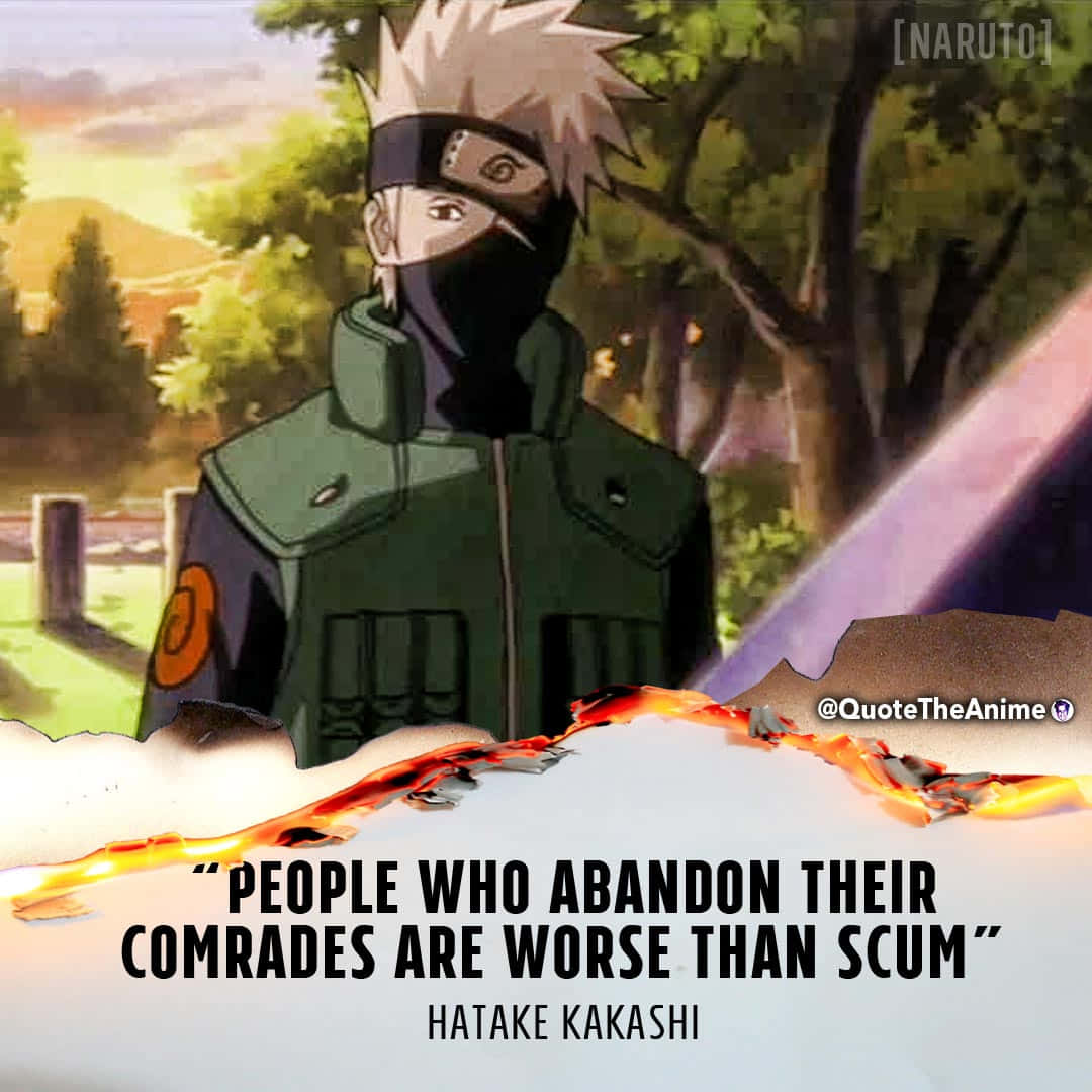 Kakashi Quotes 桌布 壁紙 — 動漫角色旗木卡卡西在日落時分的森林中，手持發光劍並帶有火焰文字覆蓋。