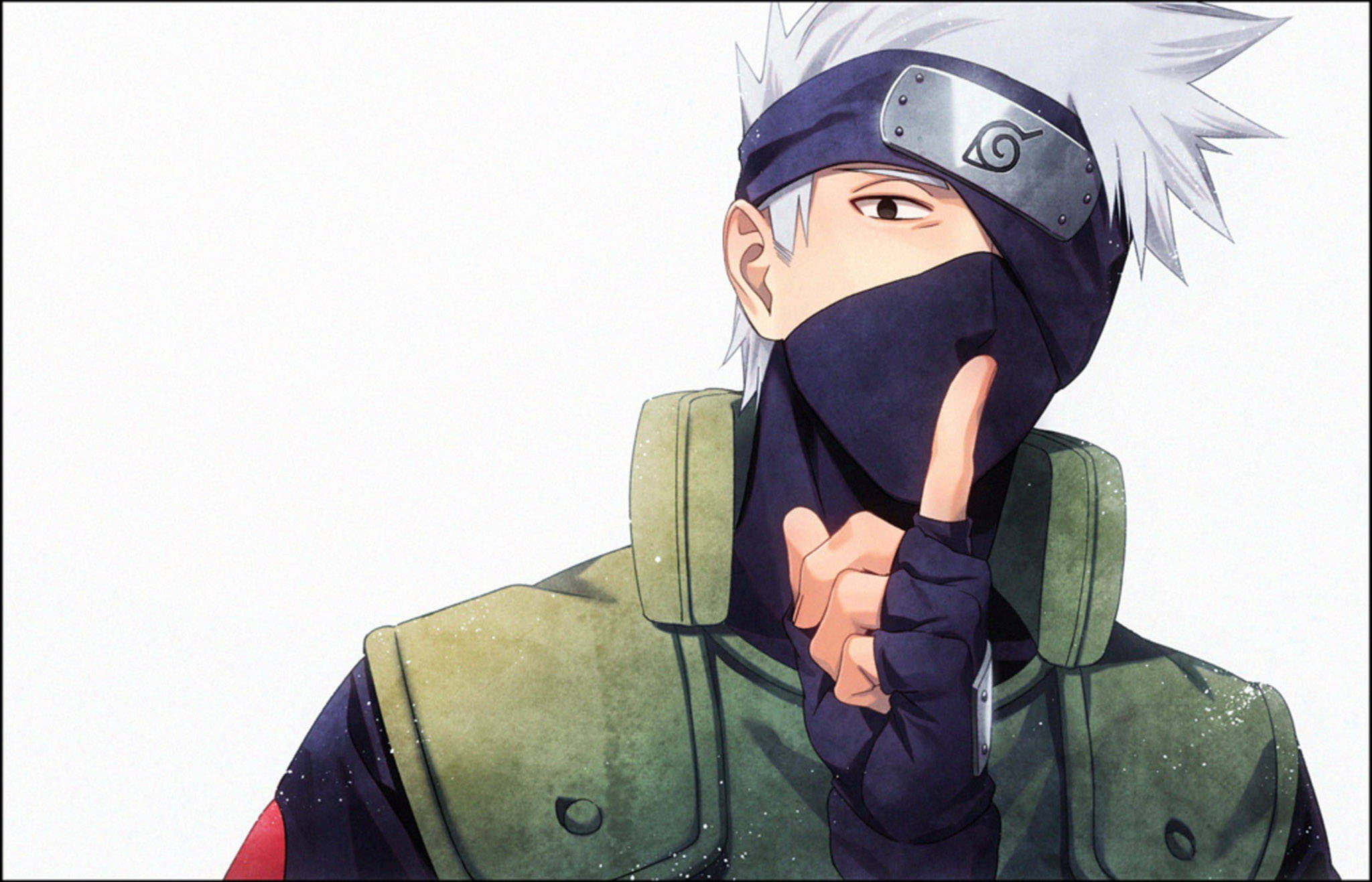 kakashi pfp 桌布 壁紙 — 動漫角色旗木卡卡西穿著綠色背心和面具，在純白色背景前做出噤聲手勢。