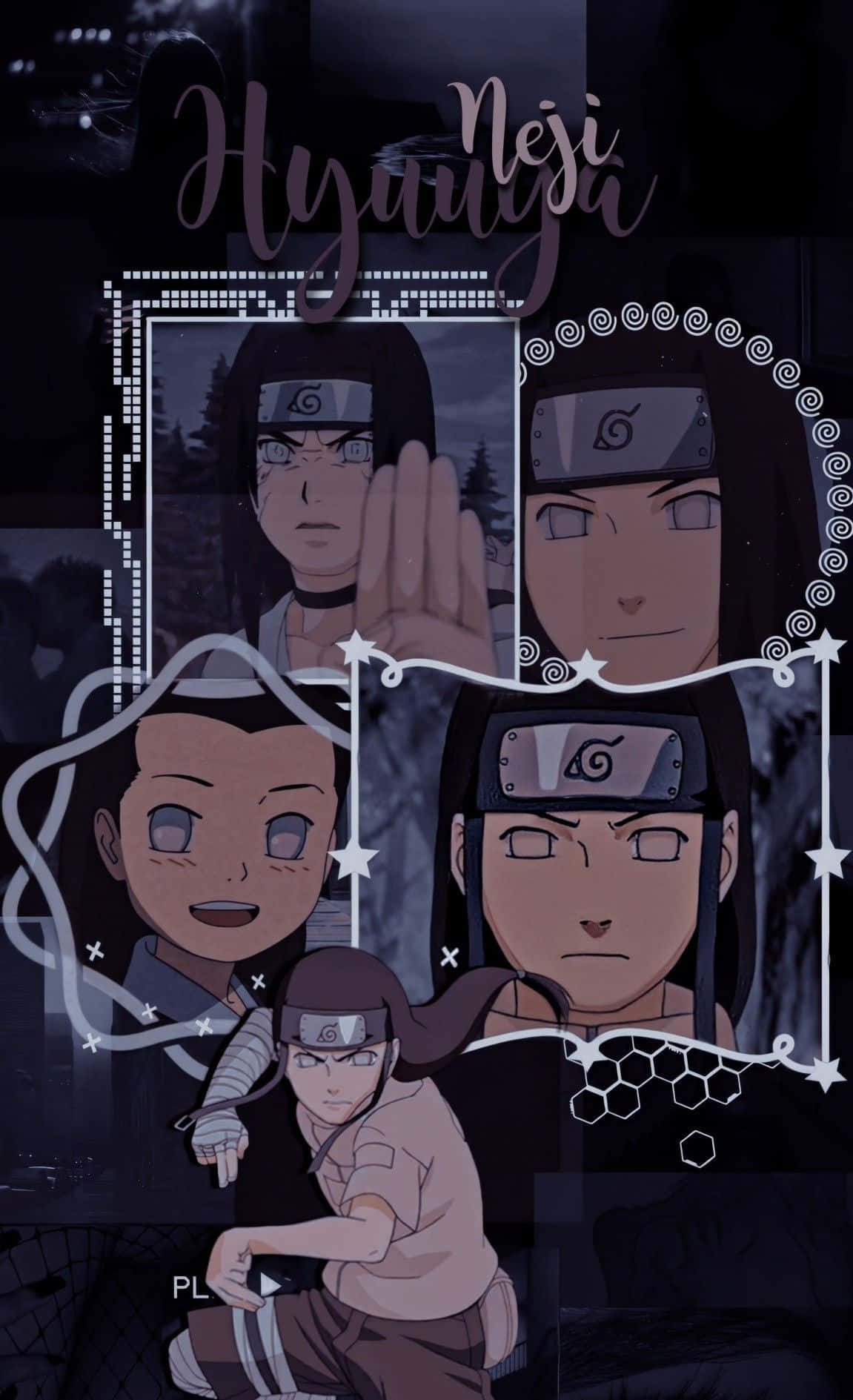 Anime Collage 桌布 壁紙 — 動漫角色日向寧次在裝飾框架內以多種富有表現力的姿勢描繪，背景為黑暗森林。