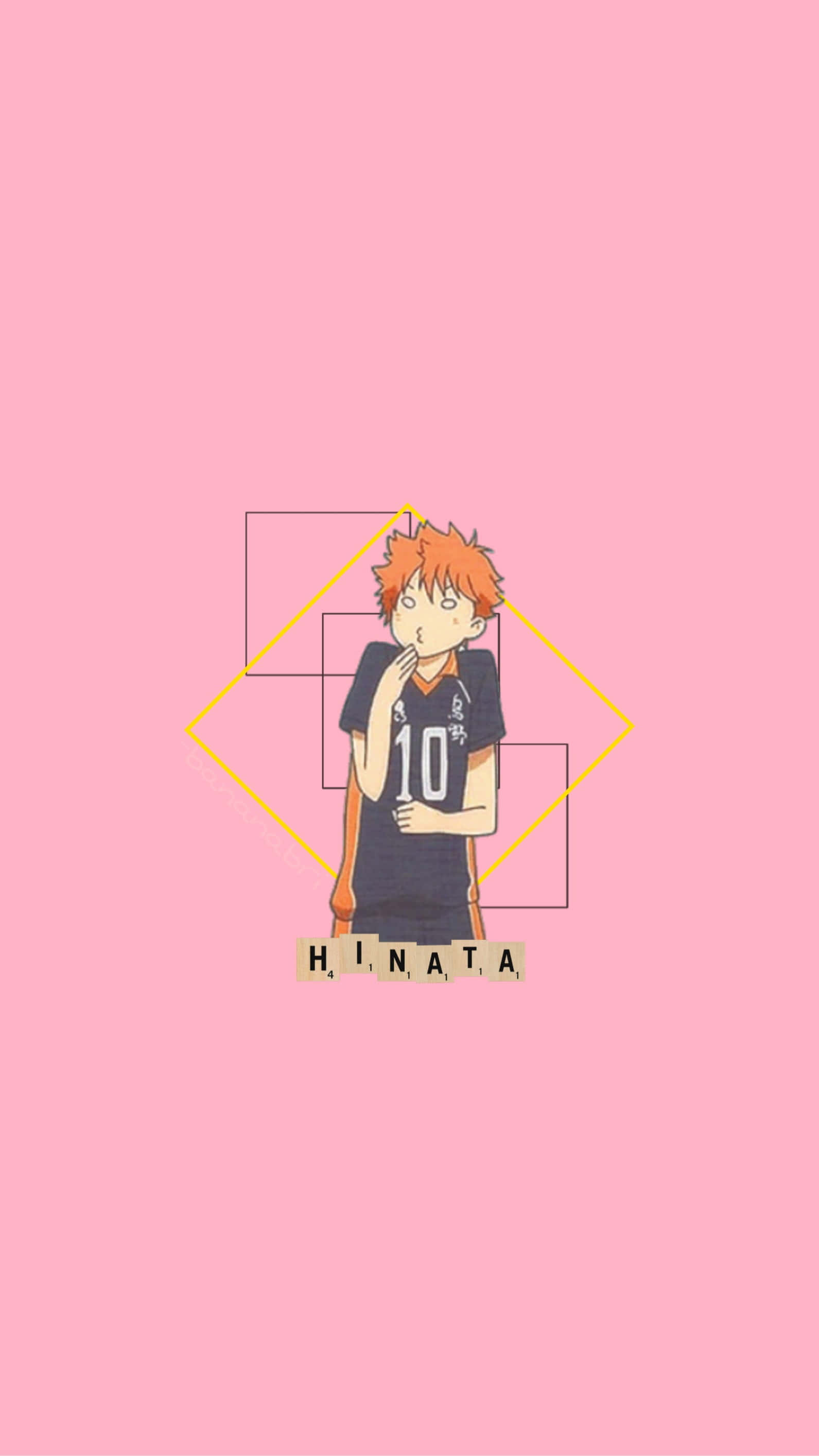 Cute Aesthetic Anime 桌布 壁紙 — 動漫角色日向身穿深藍色10號球衣，站在幾何黃色和黑色輪廓內，背景為純粉色。
