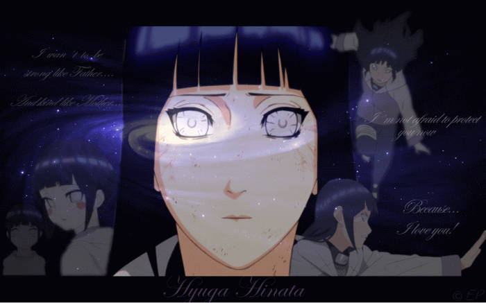 動漫角色日向雛田，眼神堅定，漂浮的語錄，背景是繁星點點的夜空。 — 日向 GIF 壁紙