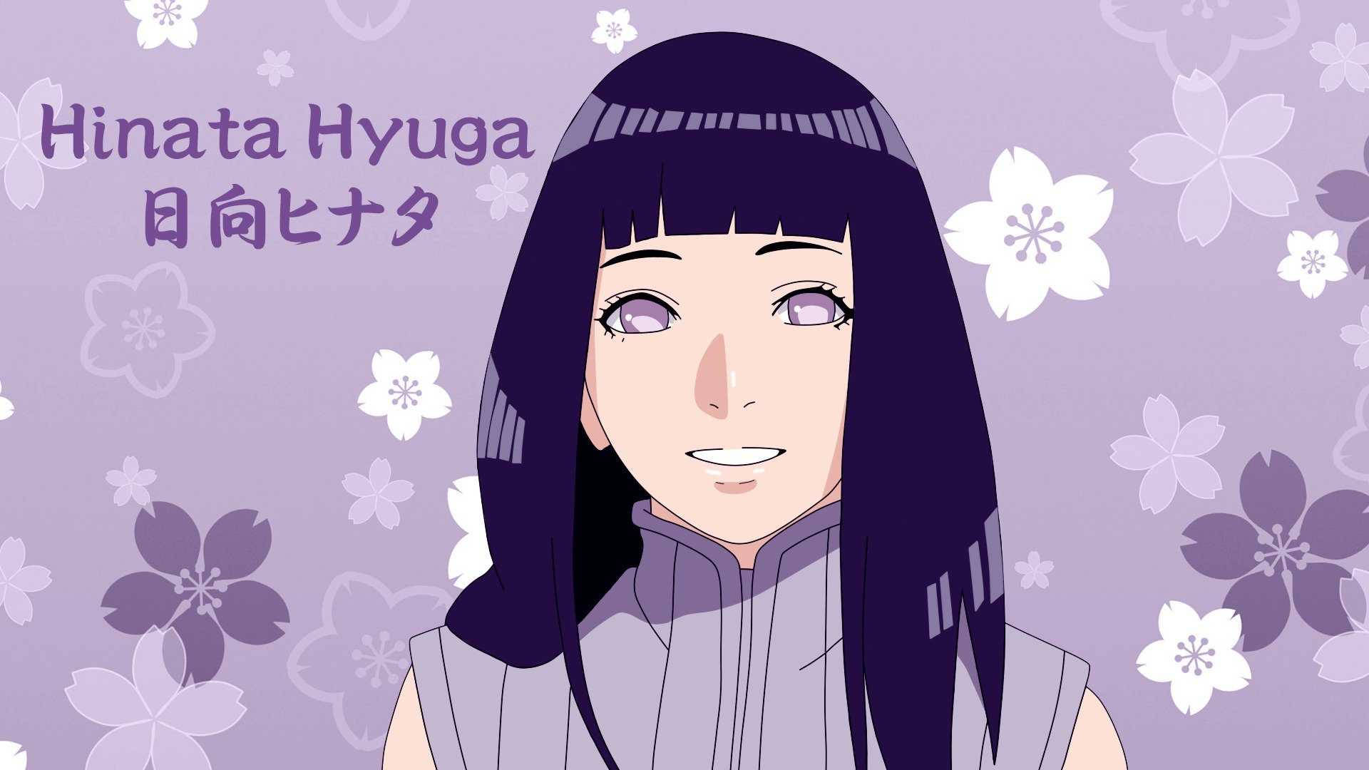 Hinata Hyuga 桌布 壁紙 — 動漫角色日向雛田在紫色背景前溫柔微笑，背景點綴著白色和紫色的櫻花。