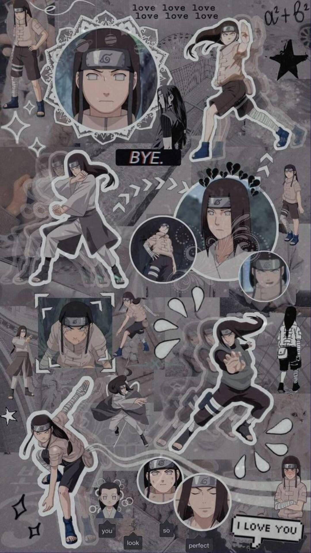 Neji 桌布 壁紙 — 動漫角色日向雛田的拼貼畫，包含各種姿勢和表情，帶有浪漫文字疊加和數學符號。