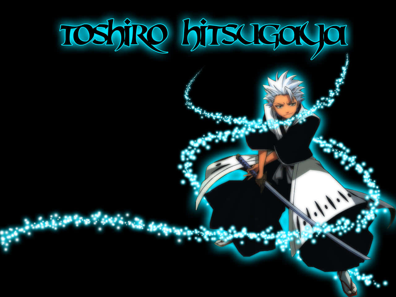 Toshiro Hitsugaya 桌布 壁紙 — 動漫角色日番谷冬獅郎在黑色背景前，周身環繞著發光的藍色能量漩渦，擺出架勢。