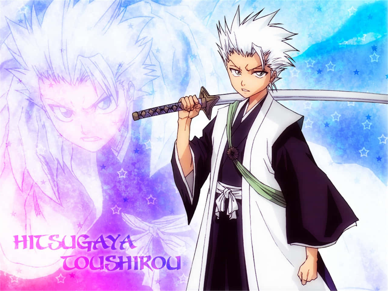 Toshiro Hitsugaya 桌布 壁紙 — 動漫角色日番谷冬獅郎站立，劍扛在肩上，背景是星空藍紫漸變色。