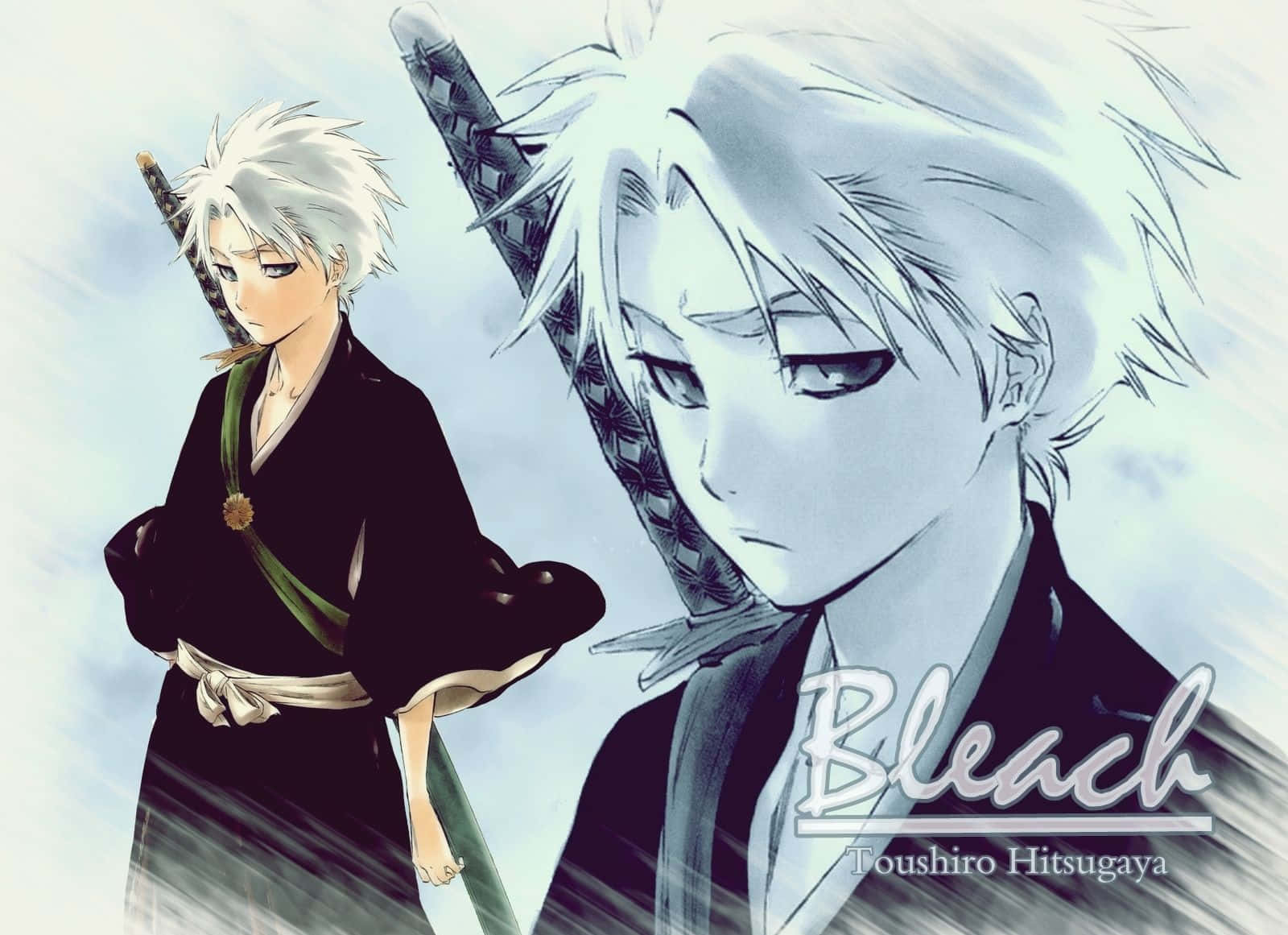 Toshiro Hitsugaya 桌布 壁紙 — 動漫角色日番谷冬獅郎背著劍站在柔和的藍色背景前，以《死神》漫畫風格呈現。