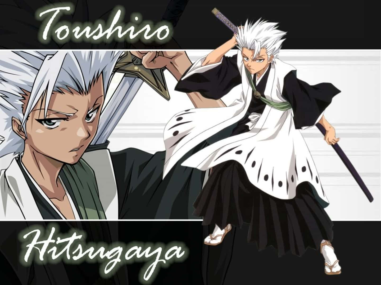 Toshiro Hitsugaya 桌布 壁紙 — 動漫角色日番谷冬獅郎身穿黑白死神制服，表情強烈地揮舞著劍。