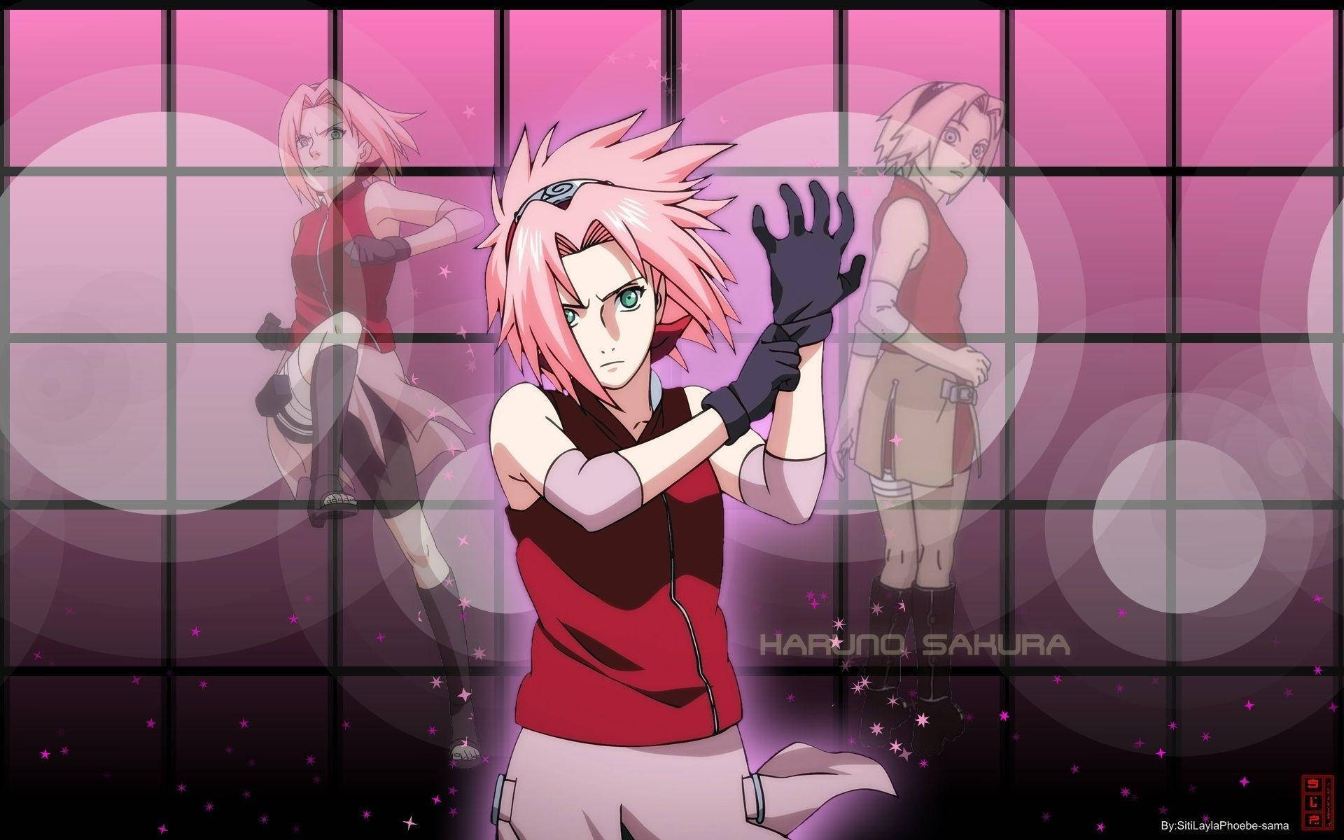 Sakura 桌布 壁紙 — 動漫角色春野櫻穿著紅色背心和黑色手套，在帶有發光圓圈和星形閃光的粉紅色網格背景上擺出動態姿勢。