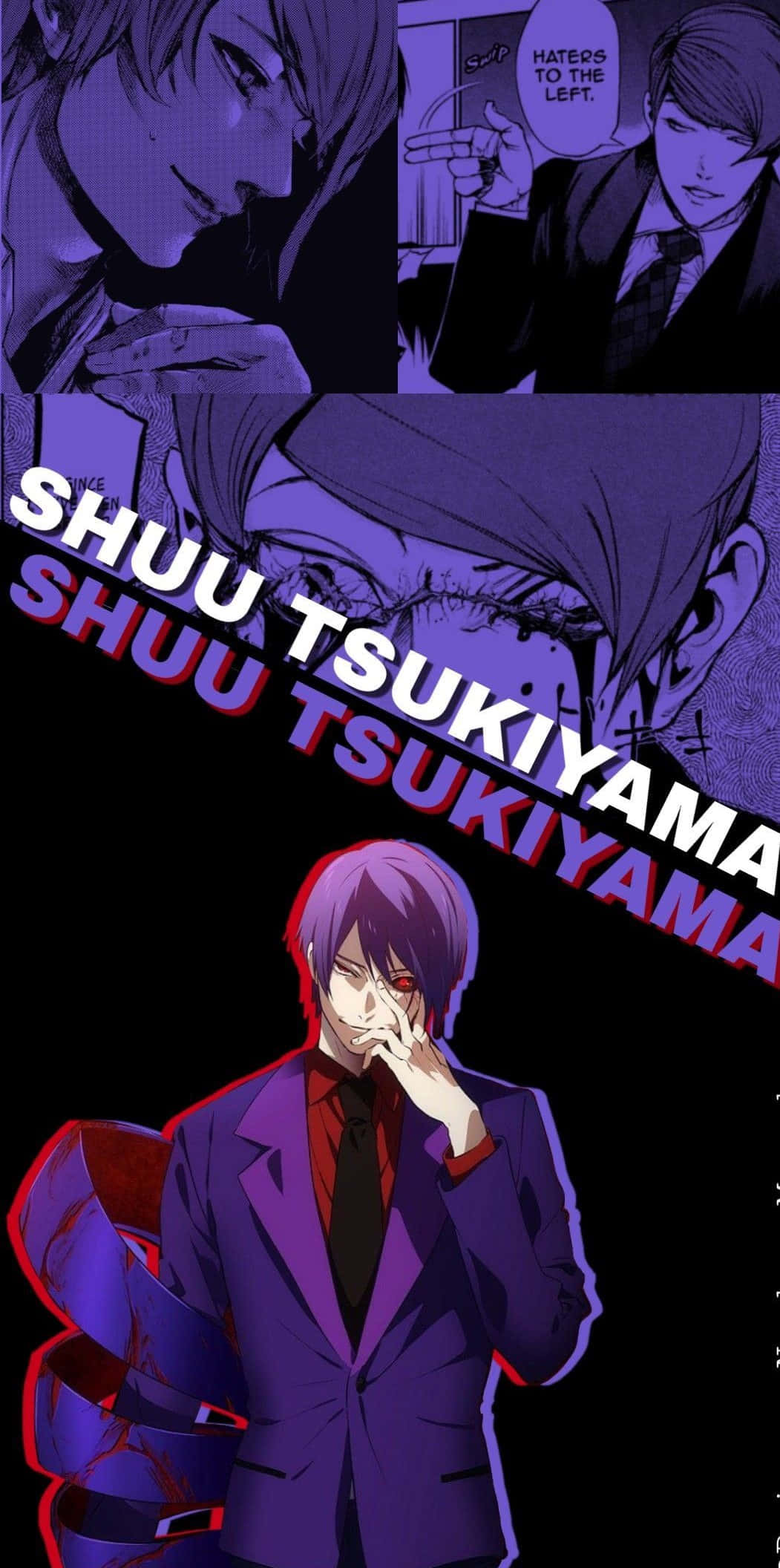 Shuu Tsukiyama 桌布 壁紙 — 動漫角色月山習身穿紫色西裝，紅眼睛，在漫畫格中帶有戲劇性燈光。