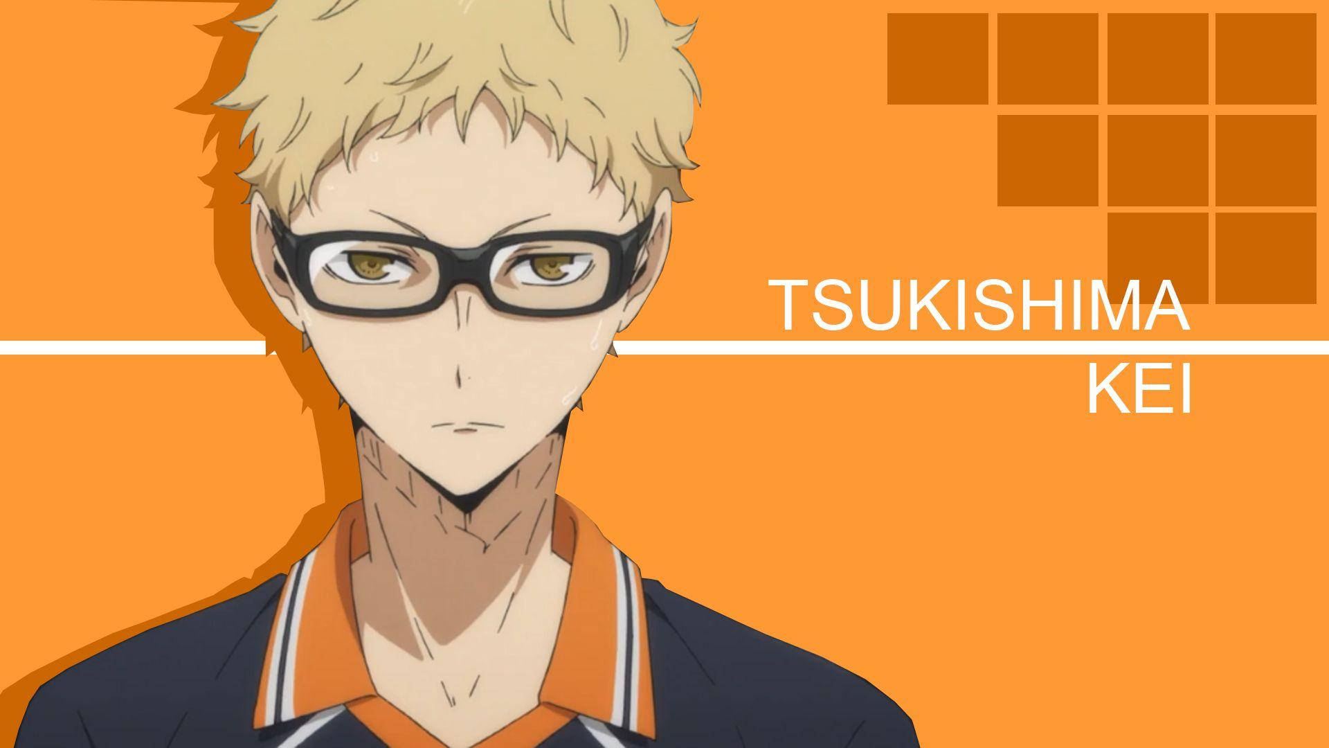 kei tsukishima 桌布 壁紙 — 動漫角色月島螢，金髮戴眼鏡，在鮮豔的橙色背景上顯示他的名字。