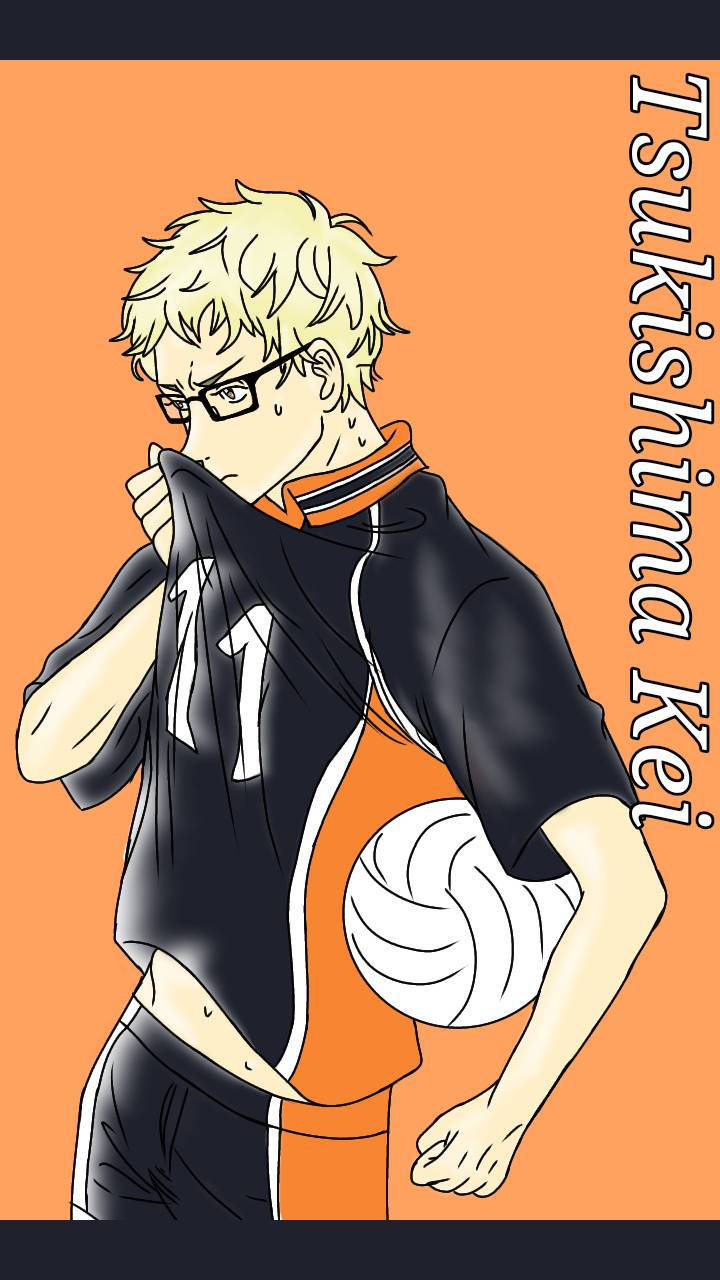 kei tsukishima 桌布 壁紙 — 動漫角色月島螢穿著排球制服，在純橙色背景前拿著球。
