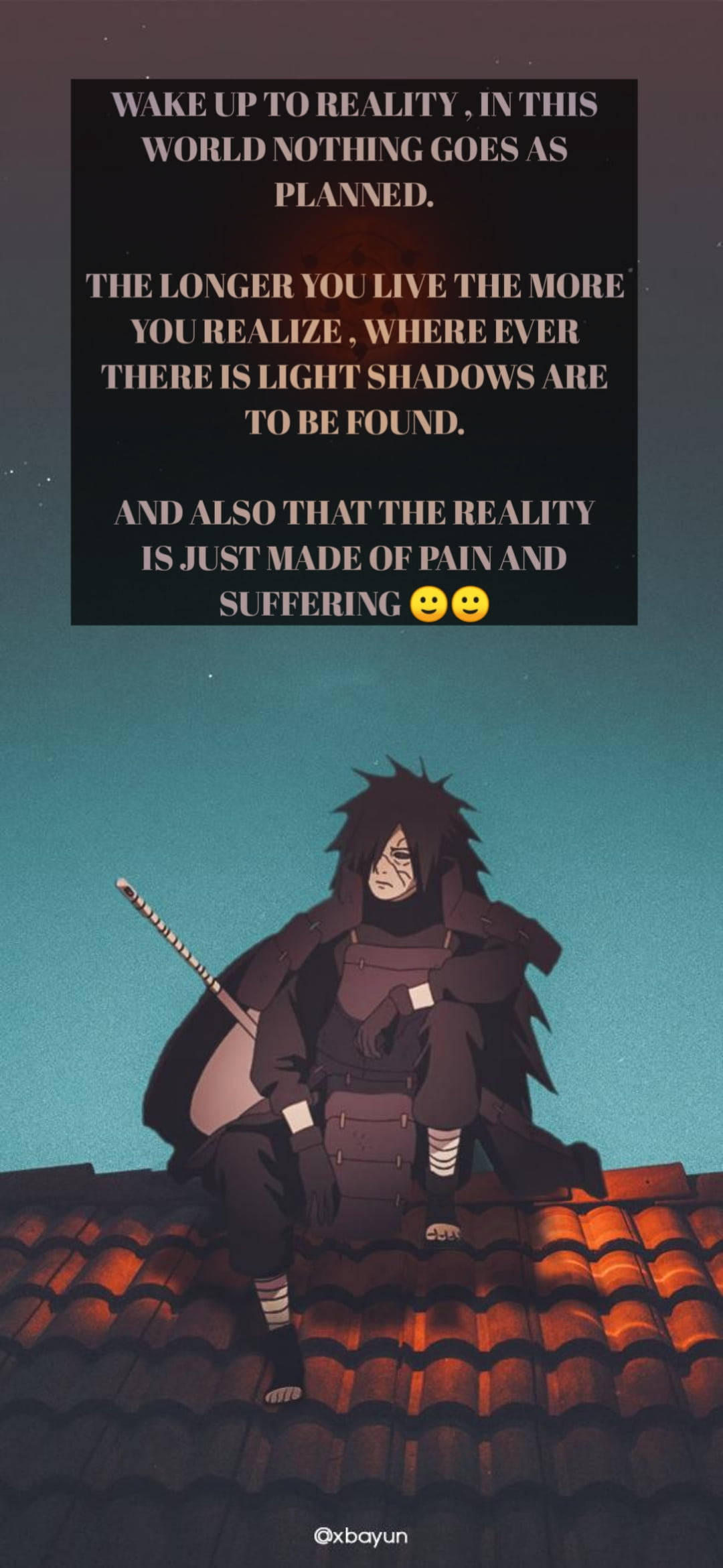 Lonely Quotes 桌布 壁紙 — 動漫角色有尖刺頭髮，坐在發光的橙色瓦片屋頂上，在青綠色的天空下，有一個包含勵志語錄的深色文字框疊加。