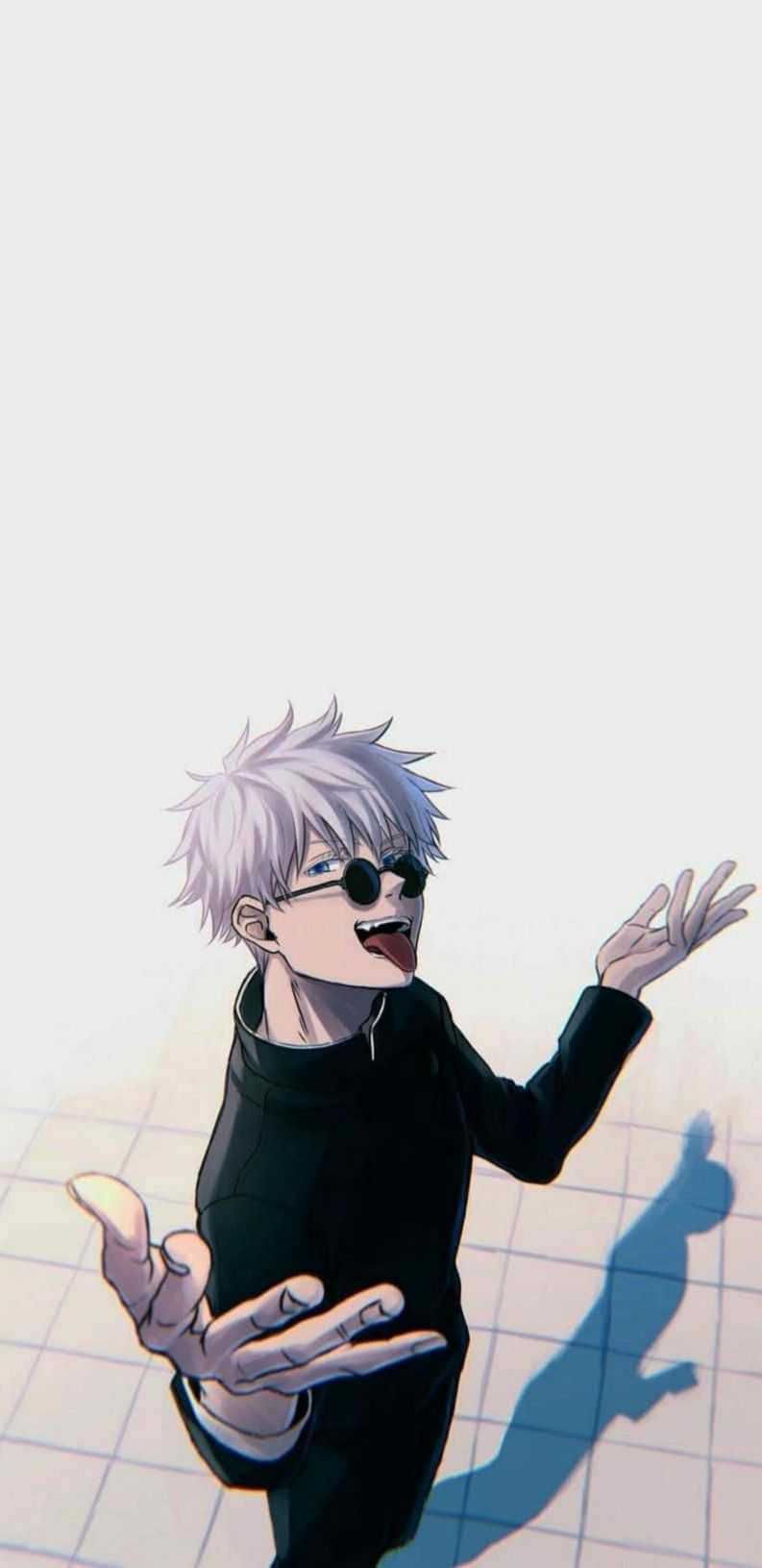 白髮戴太陽眼鏡的動漫男孩伸出舌頭並做手勢。 — 五條悟 GIF 壁紙