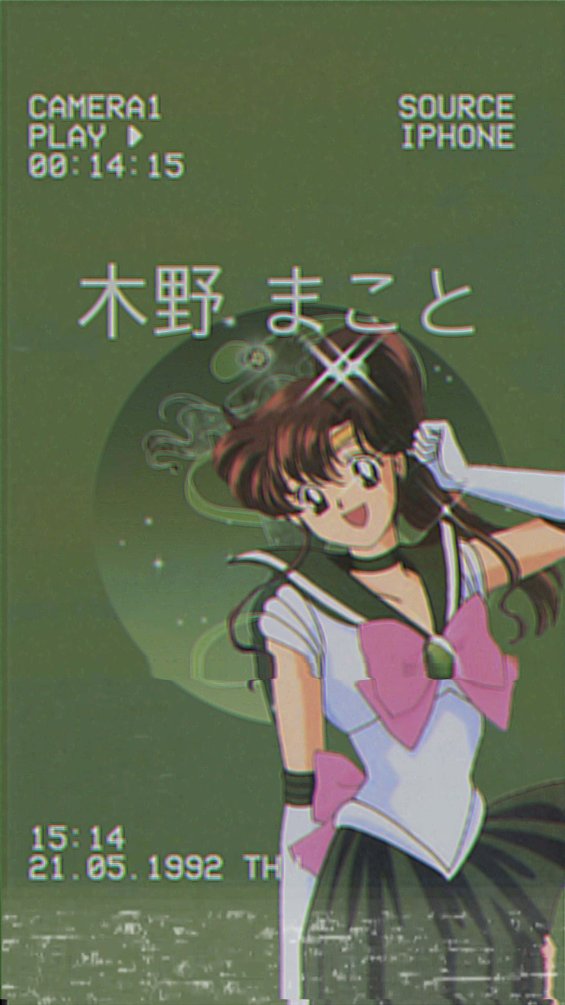 sailor jupiter 桌布 壁紙 — 動漫角色木野真琴穿著水手服，在帶有數位相機疊加層和日期印章的綠幕前微笑。