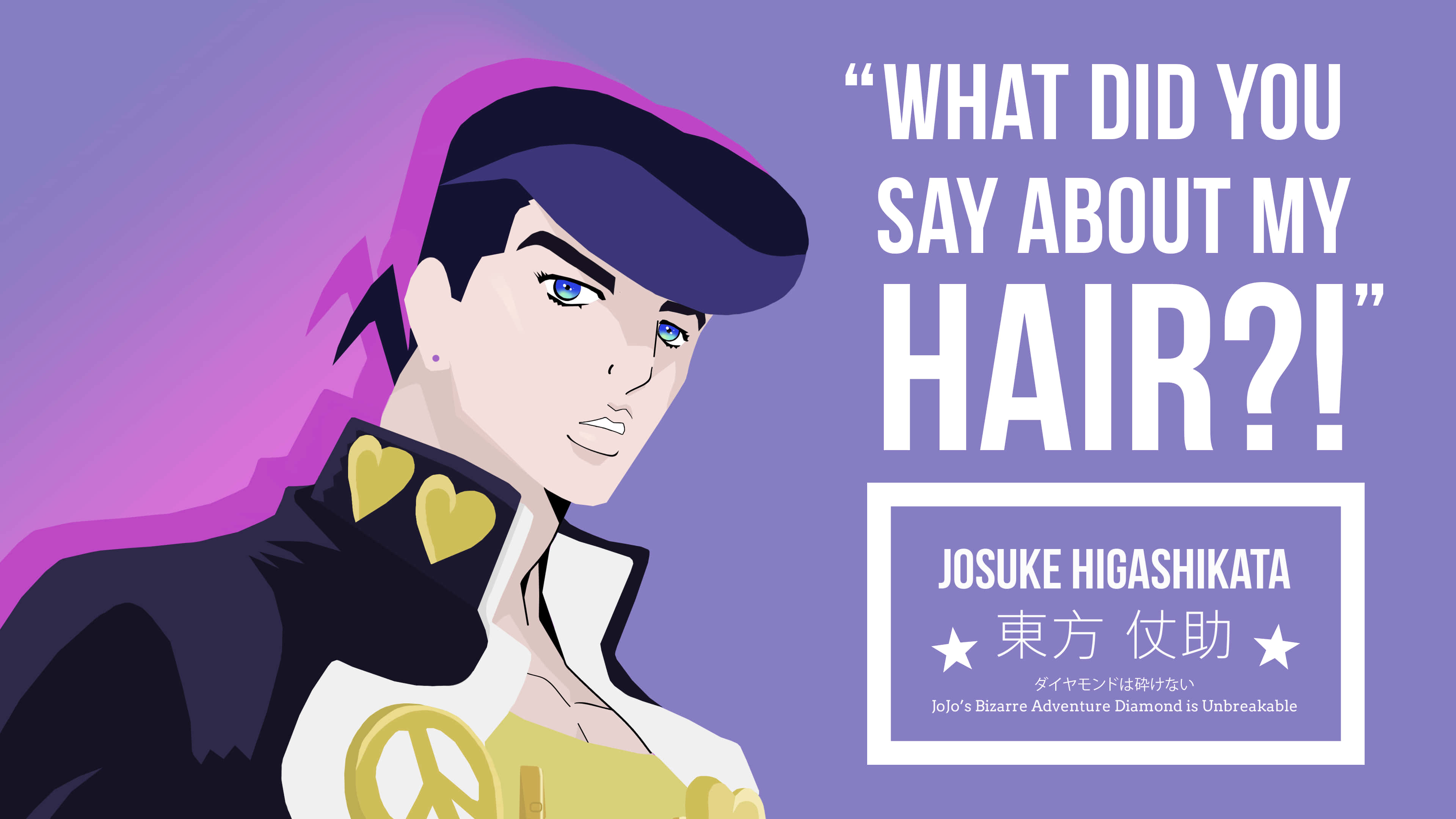 Josuke Higashikata 桌布 壁紙 — 動漫角色東方仗助，紫色頭髮，金色心形領飾，在紫色漸變背景前擺姿勢，附有粗體文字。