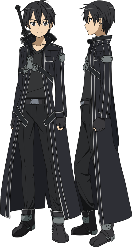 Kirito 桌布 壁紙 — 動漫角色桐人穿著黑色劍士服裝，正面和背面視圖，黑色背景。