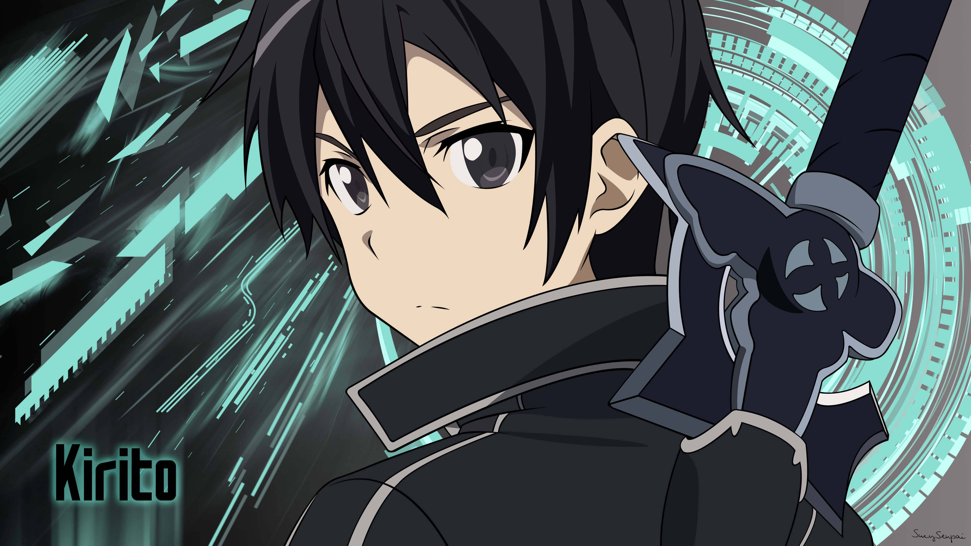 Kirito 桌布 壁紙 — 動漫角色桐人穿著黑色盔甲，手持劍，背景是發光的青綠色數位背景。